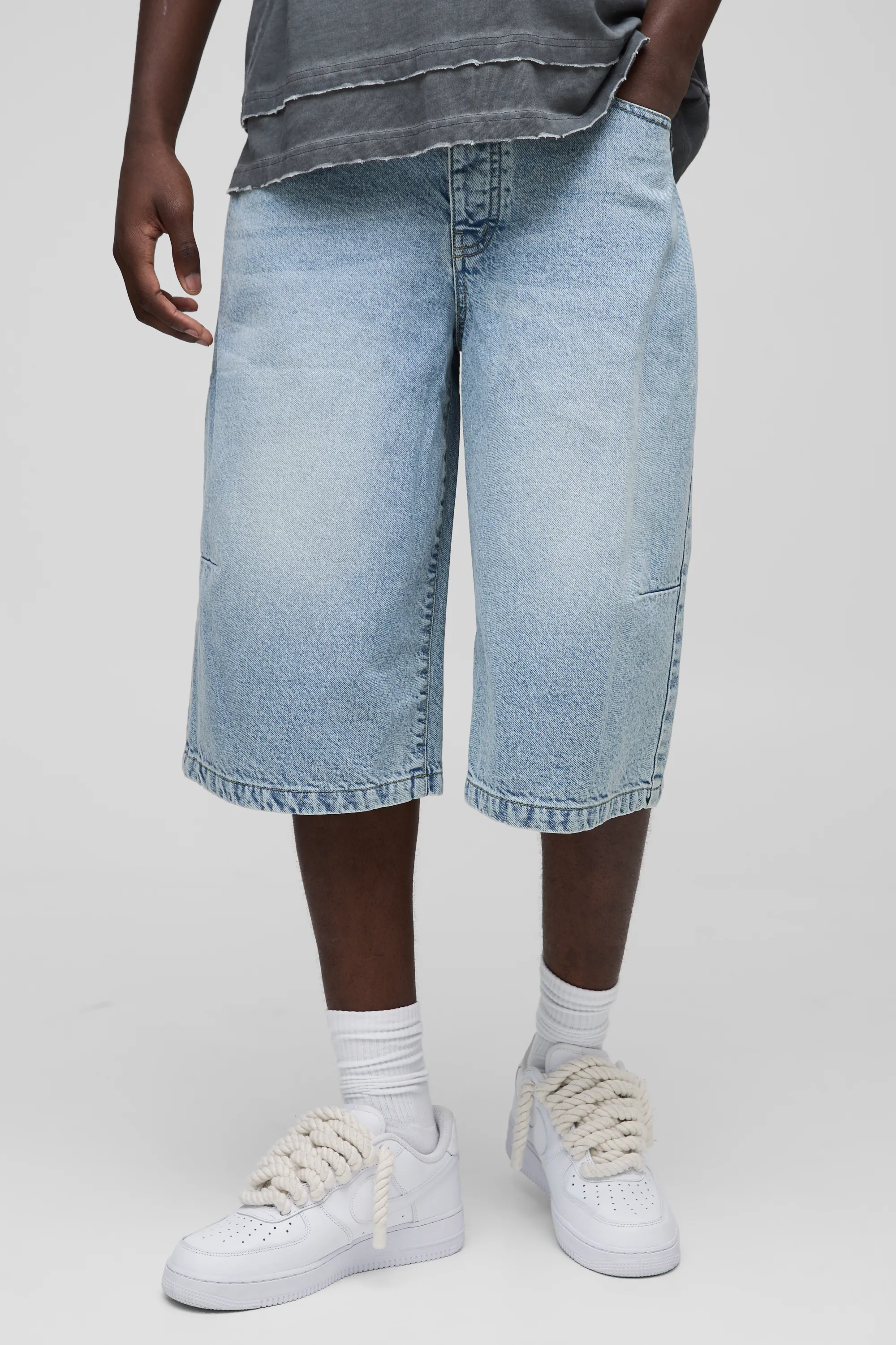 Long Line Denim Jorts In Light Blue 1 Long Line Denim Jorts In Light Blue