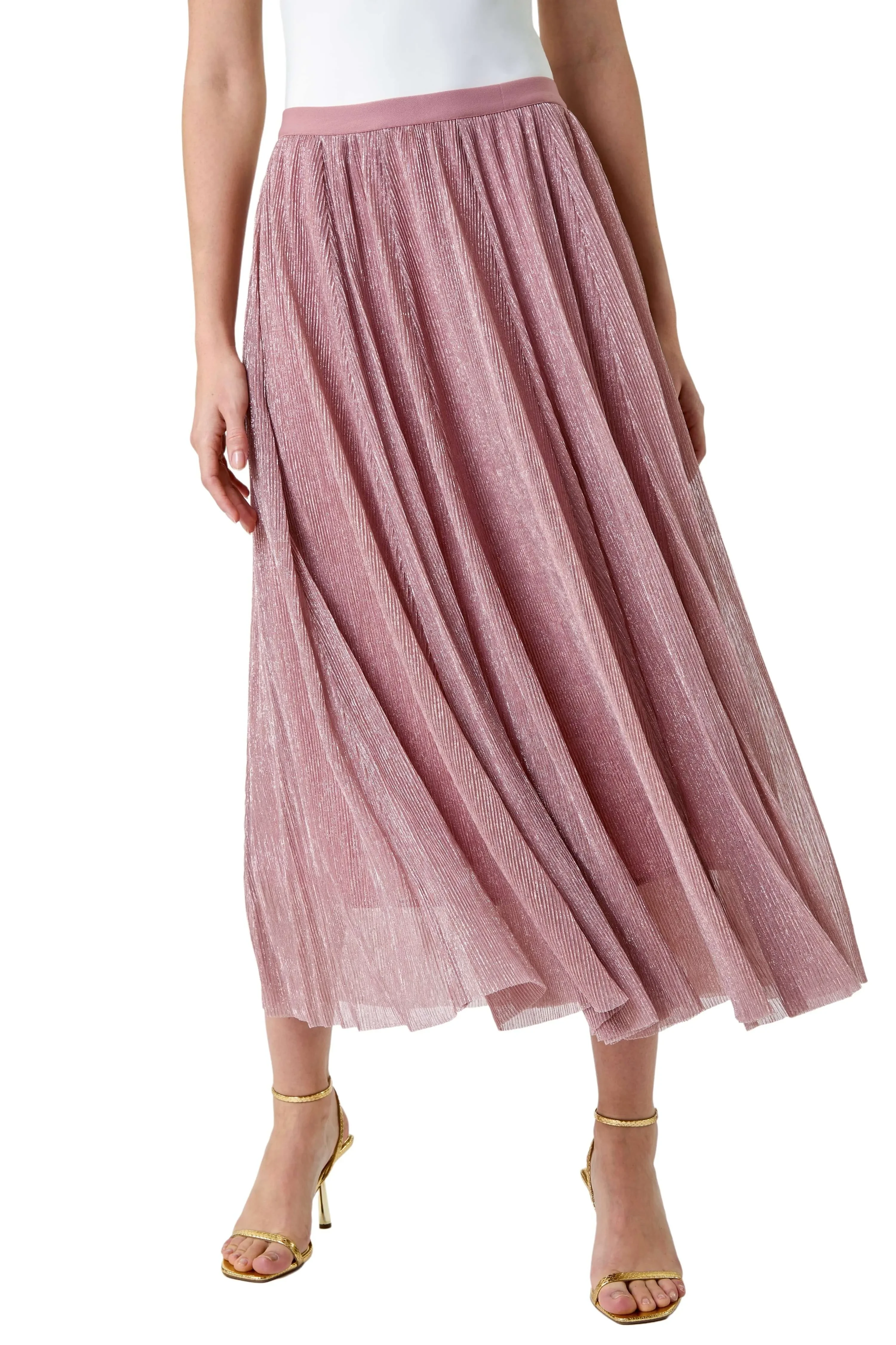 A-Line Shimmer Stretch Midi Skirt