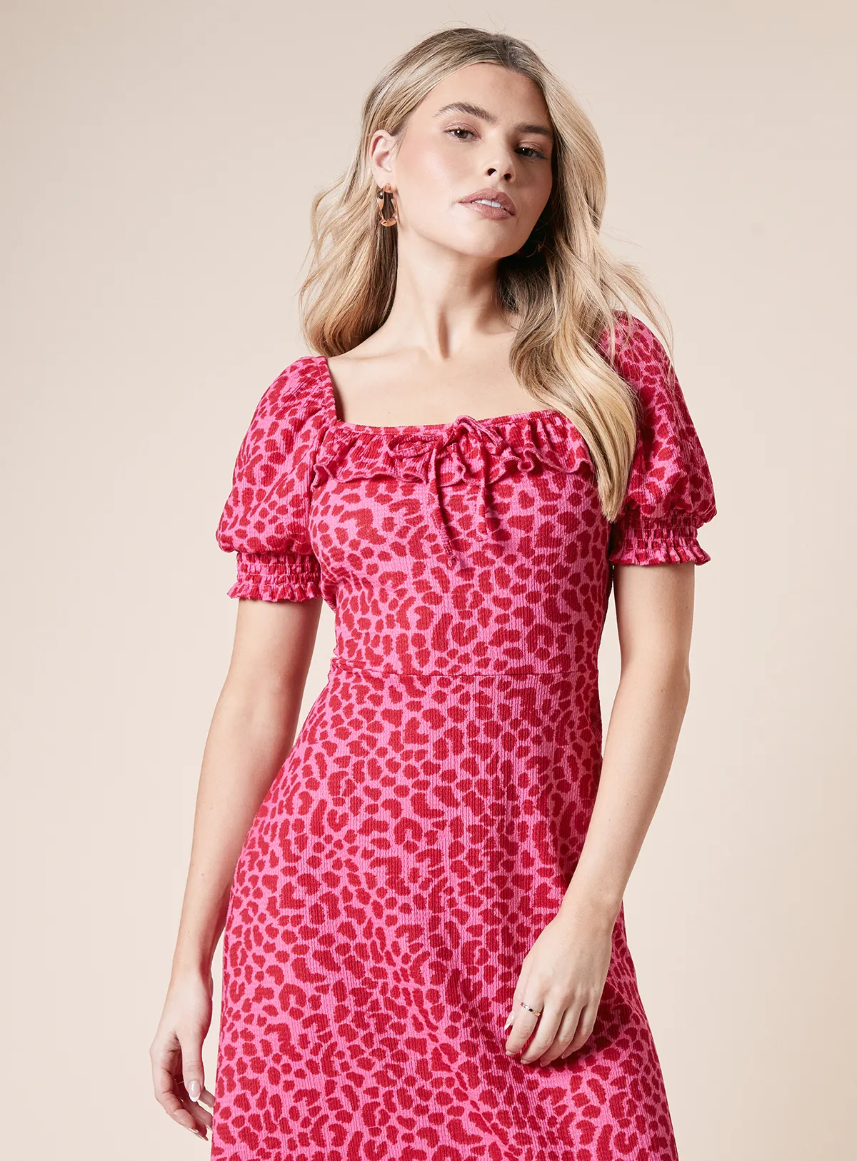Pink Animal Square Neck Frill Jersey Midi Dress 2 Pink Animal Square Neck Frill Jersey Midi Dress