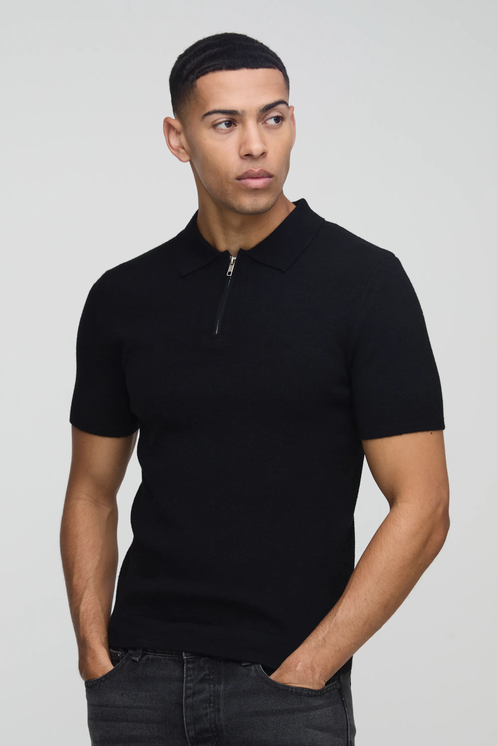 Muscle Fit Zip Neck Knitted Polo