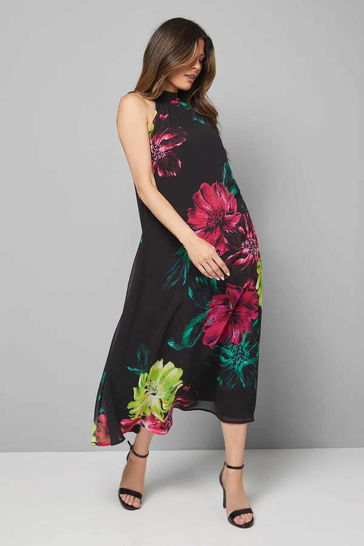 Floral Neck Halter Midi Dress 1 Floral Neck Halter Midi Dress