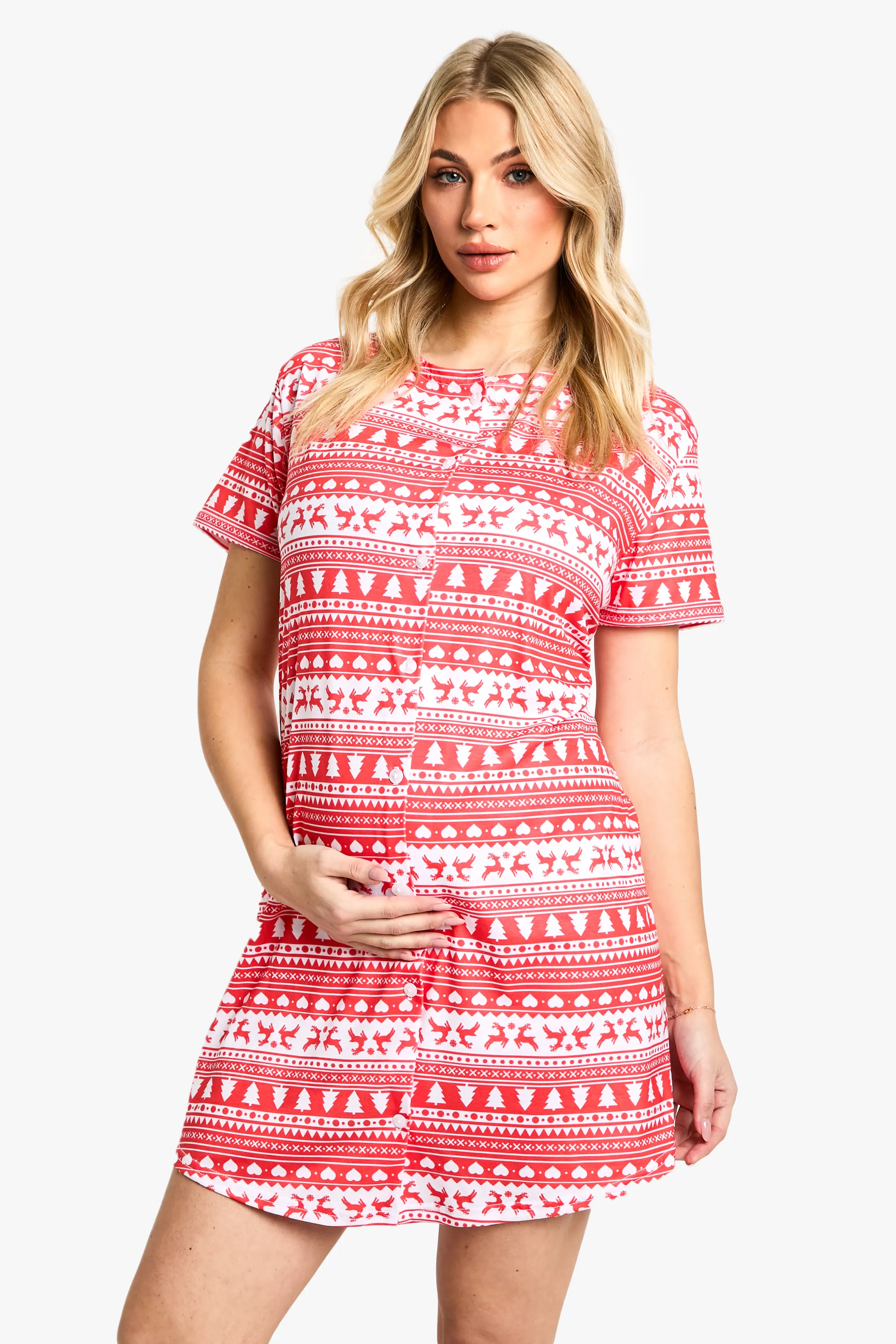 Maternity Christmas Fairisle Print 2 Pack Peached Button Down Nightie