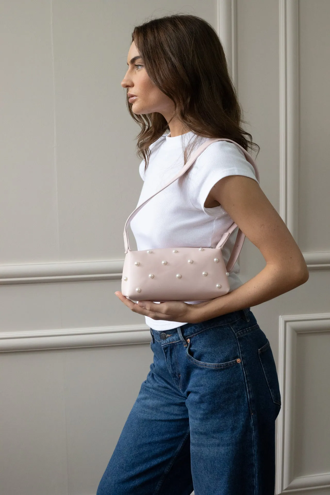 Pink Shoulder Bag with Pearl Studs
