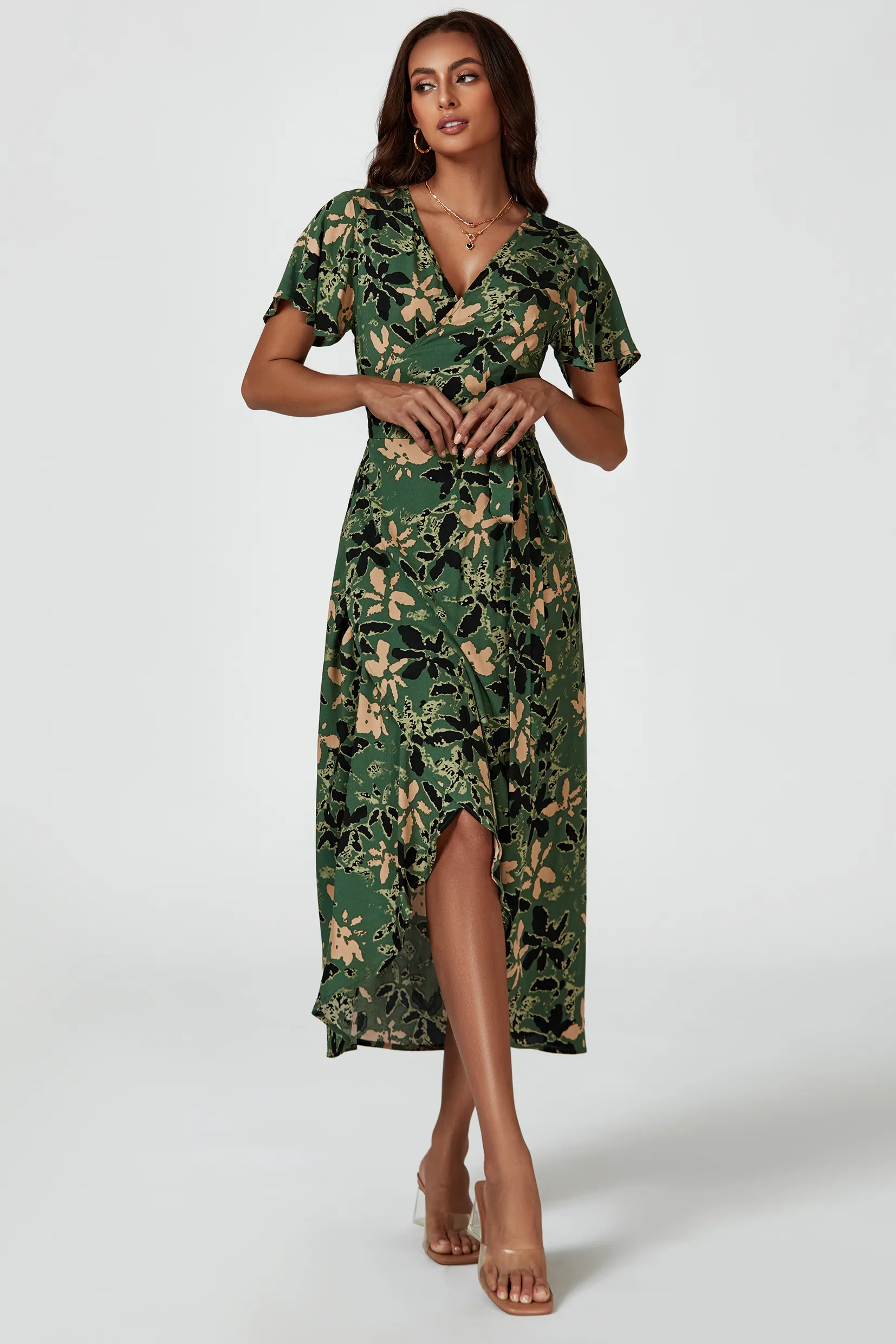 Abstract Floral Wrap Maxi Dress In Olive 3 Abstract Floral Wrap Maxi Dress In Olive