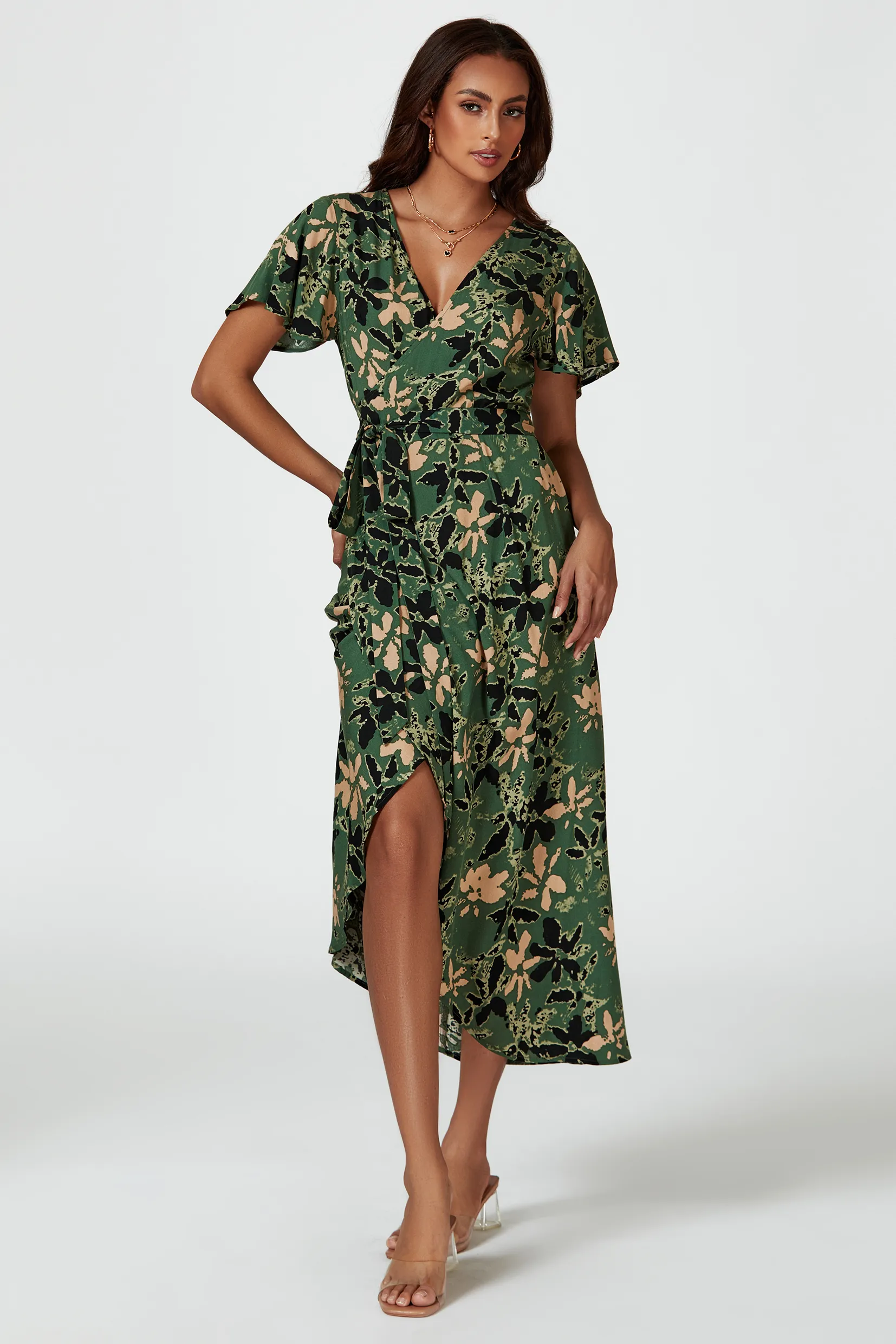 Abstract Floral Wrap Maxi Dress In Olive 4 Abstract Floral Wrap Maxi Dress In Olive