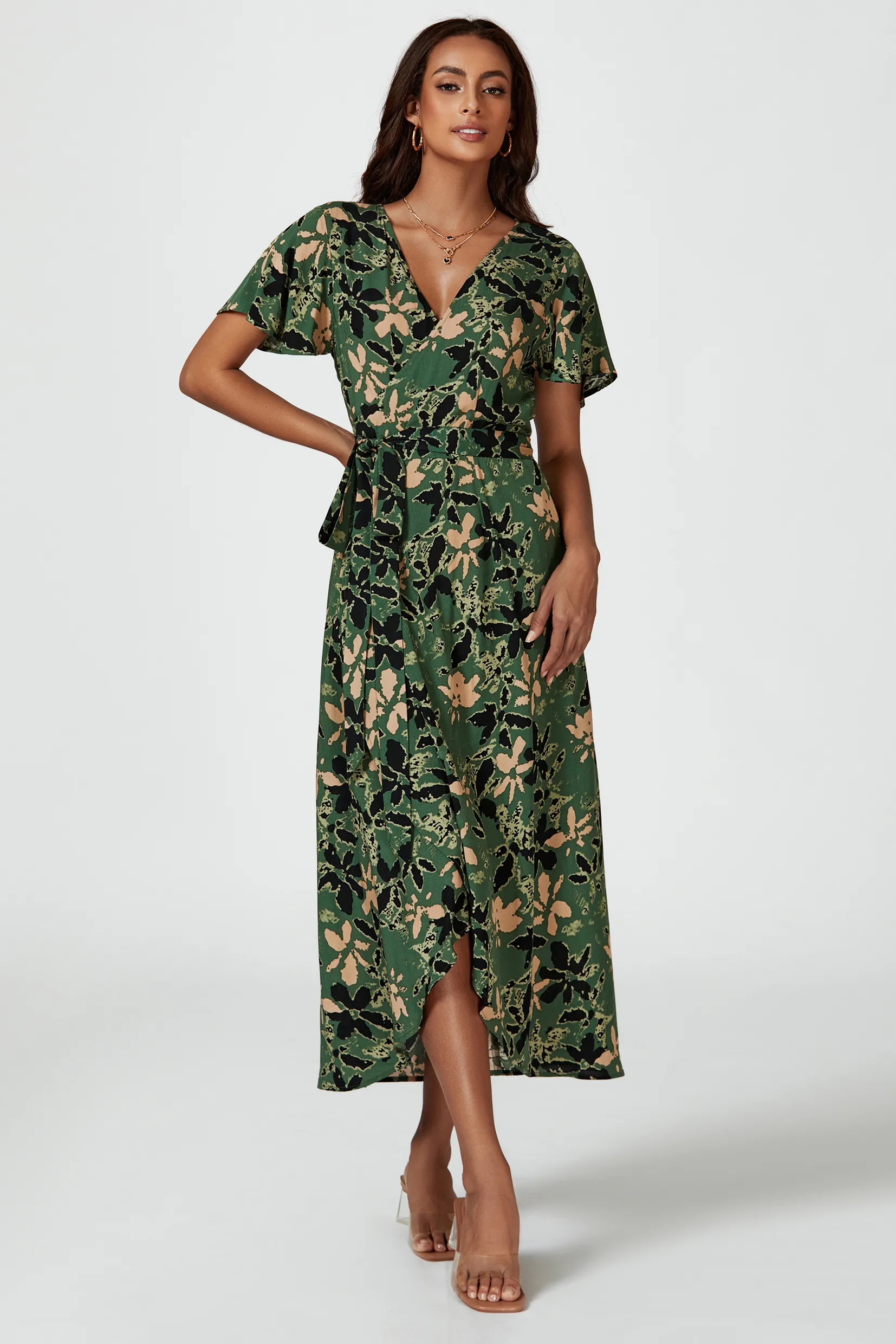 Abstract Floral Wrap Maxi Dress In Olive 5 Abstract Floral Wrap Maxi Dress In Olive