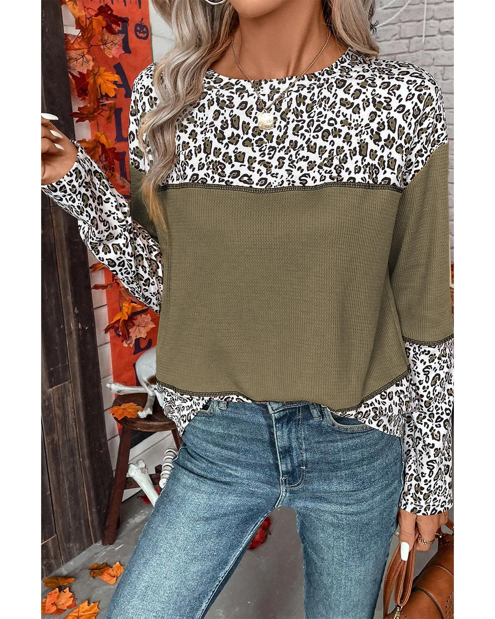 Jungle Green Leopard Print Waffle Knit Patchwork Top 1 Jungle Green Leopard Print Waffle Knit Patchwork Top