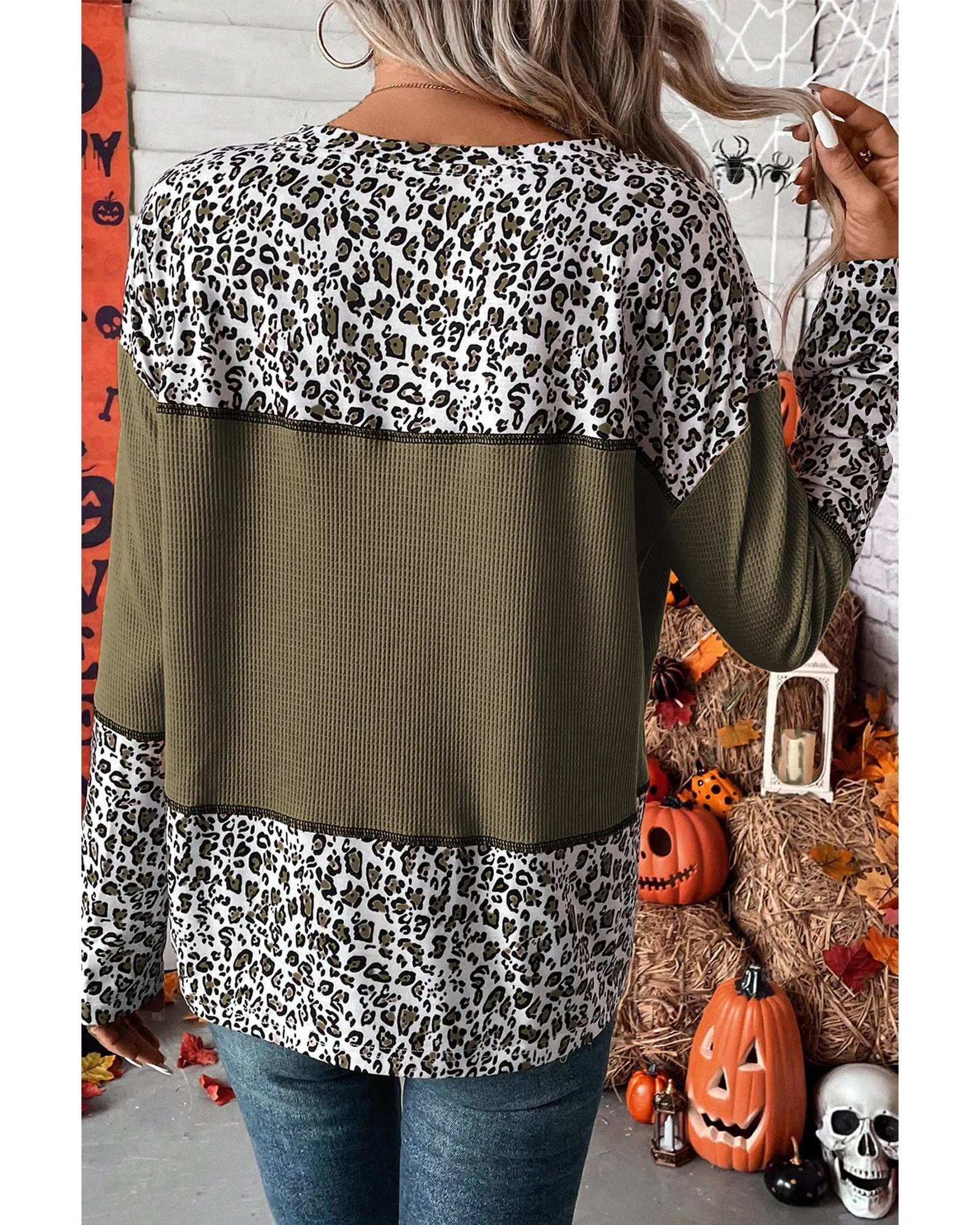Jungle Green Leopard Print Waffle Knit Patchwork Top 3 Jungle Green Leopard Print Waffle Knit Patchwork Top