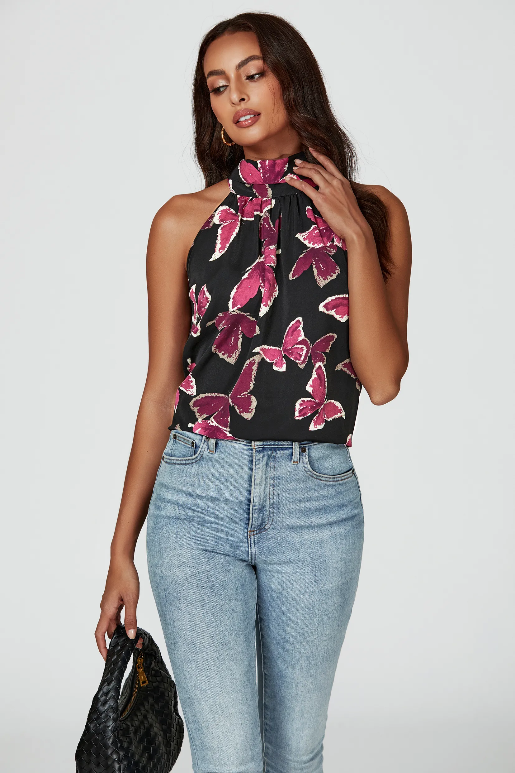 Butterfly Print Halter Neck Tie Back Top In Black 1 Butterfly Print Halter Neck Tie Back Top In Black