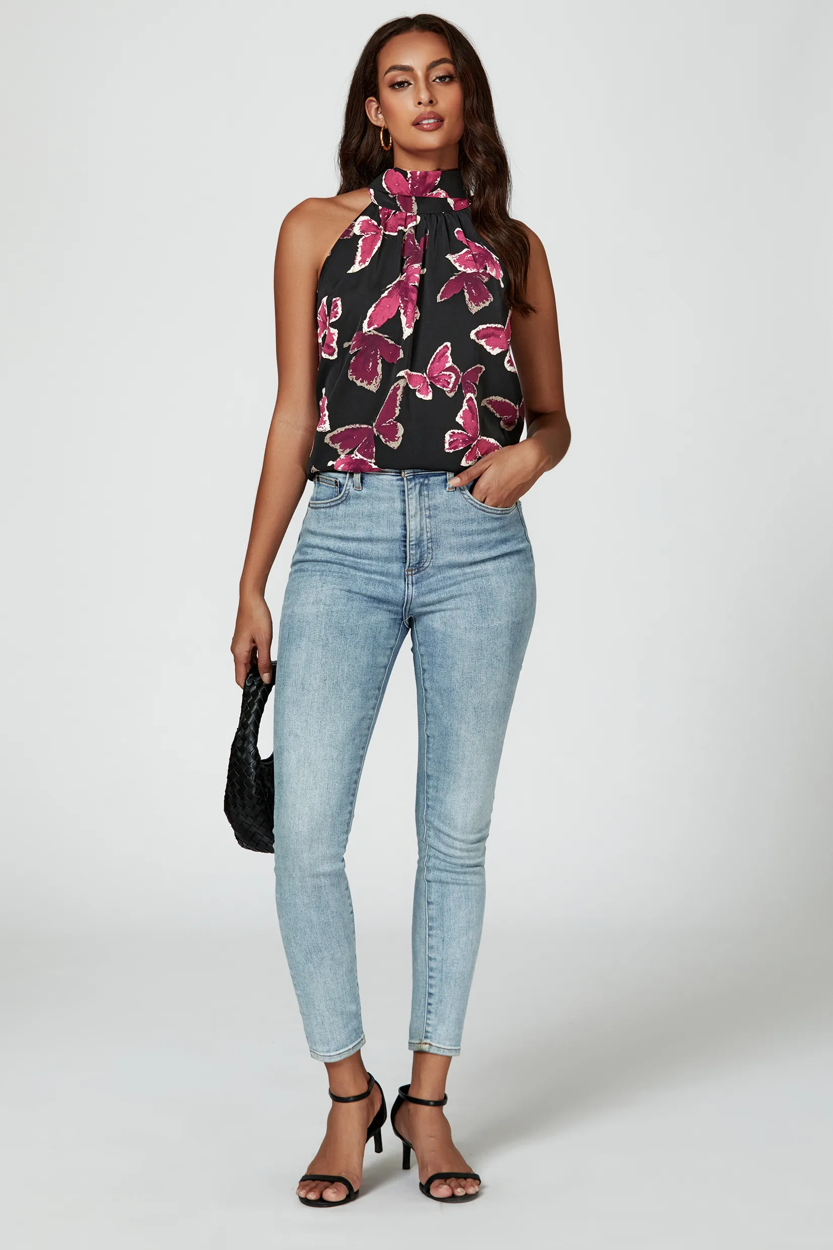 Butterfly Print Halter Neck Tie Back Top In Black 3 Butterfly Print Halter Neck Tie Back Top In Black