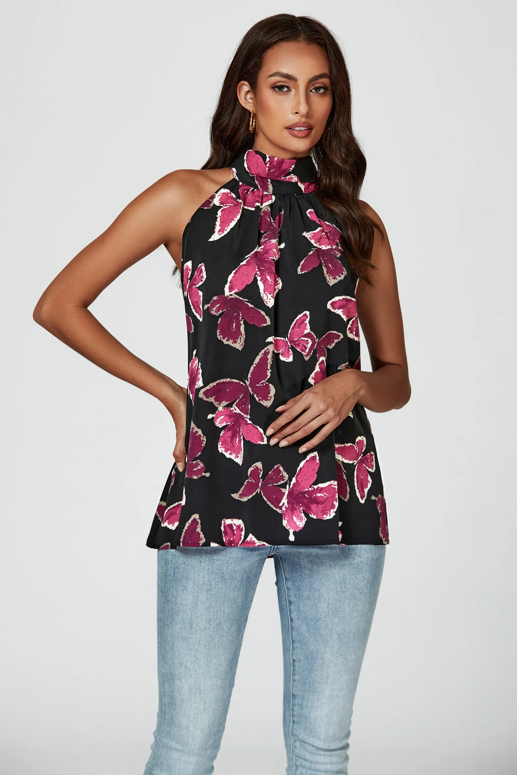 Butterfly Print Halter Neck Tie Back Top In Black 4 Butterfly Print Halter Neck Tie Back Top In Black