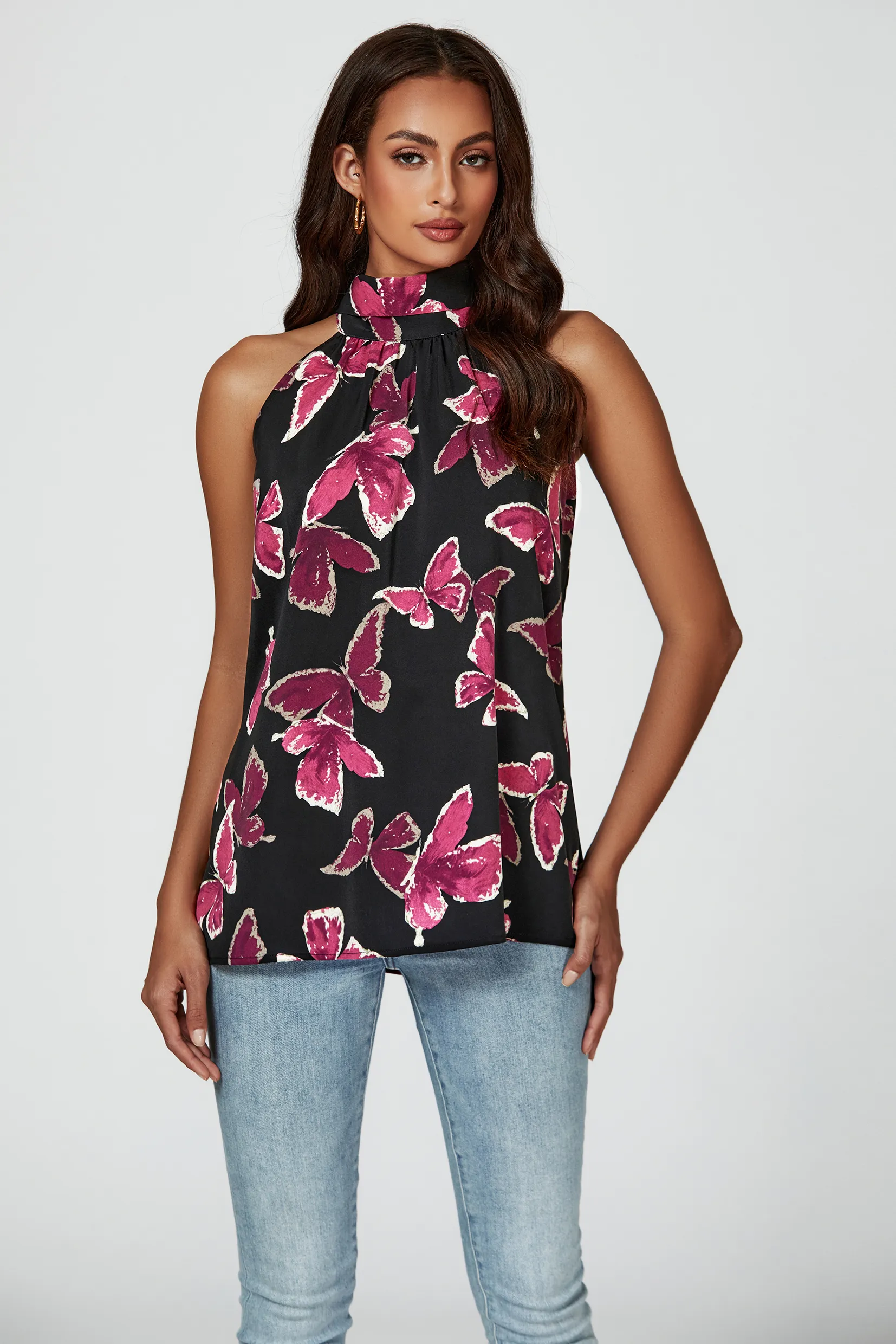 Butterfly Print Halter Neck Tie Back Top In Black 5 Butterfly Print Halter Neck Tie Back Top In Black