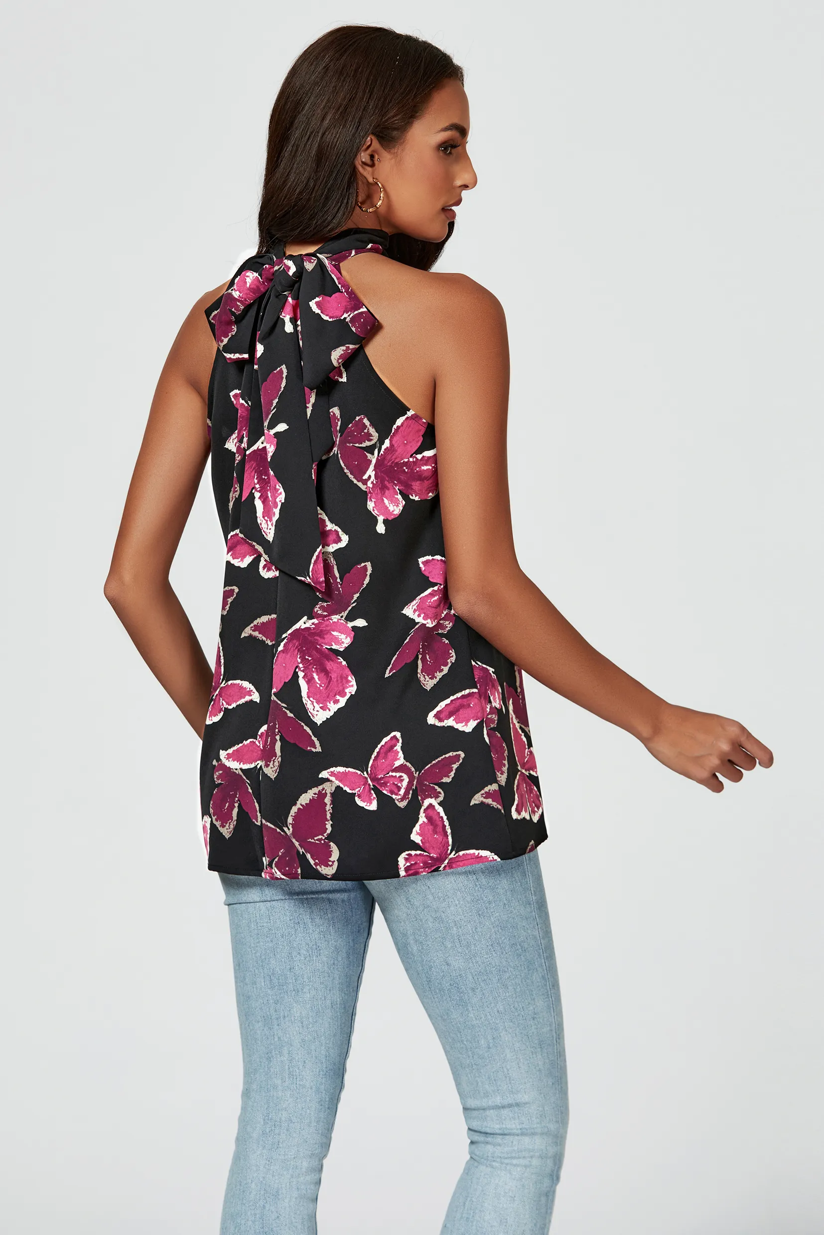 Butterfly Print Halter Neck Tie Back Top In Black 6 Butterfly Print Halter Neck Tie Back Top In Black