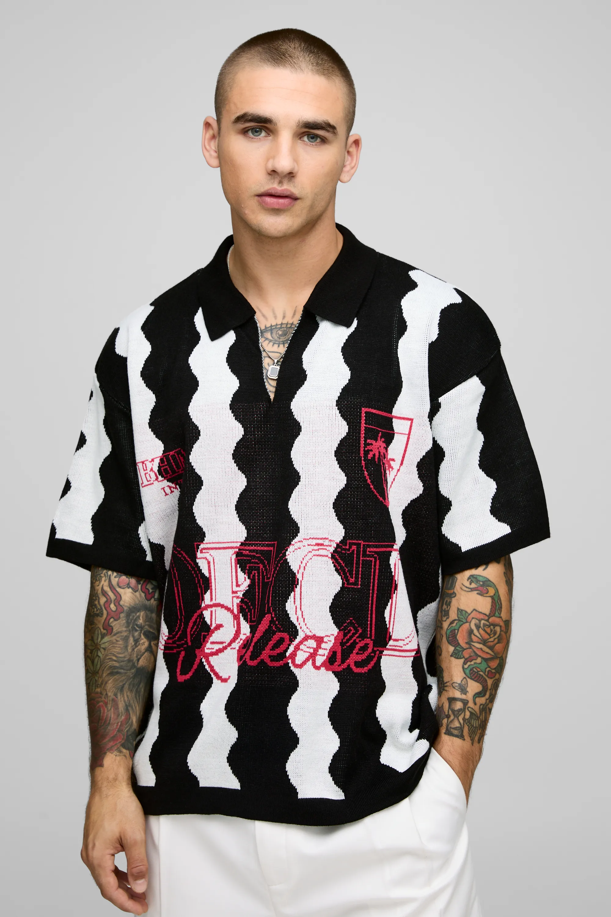 Oversized V Neck Jacquard Knitted Polo