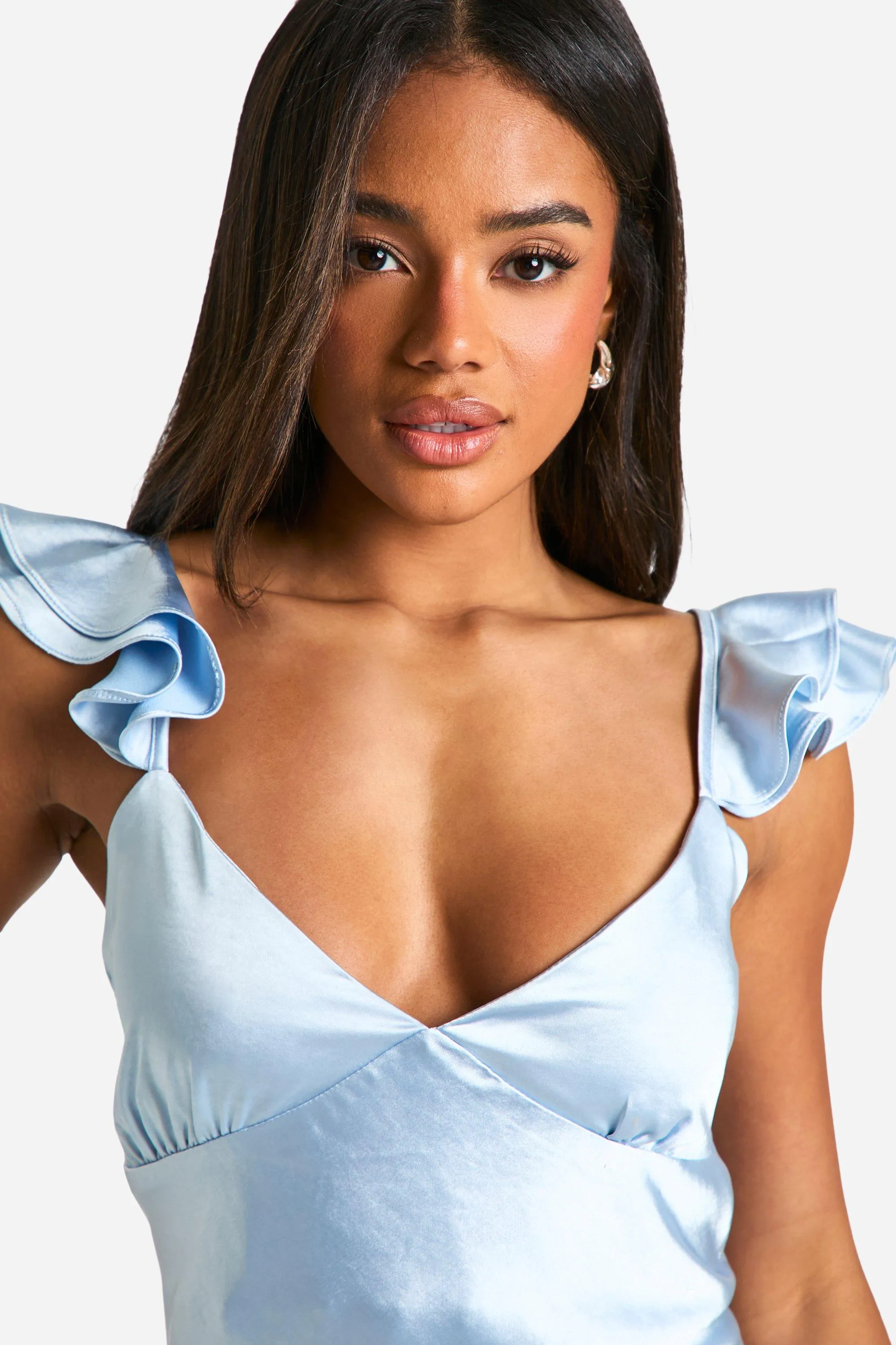 Satin Frill Sleeve Split Maxi Dress 4 Satin Frill Sleeve Split Maxi Dress