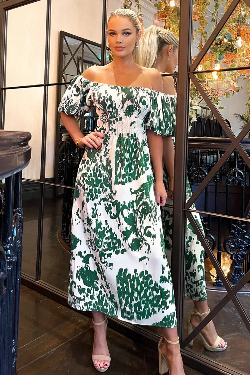 Cream and Green Printed Elasticated Waist Bardot Midi Dress 1 Cream and Green Printed Elasticated Waist Bardot Midi Dress