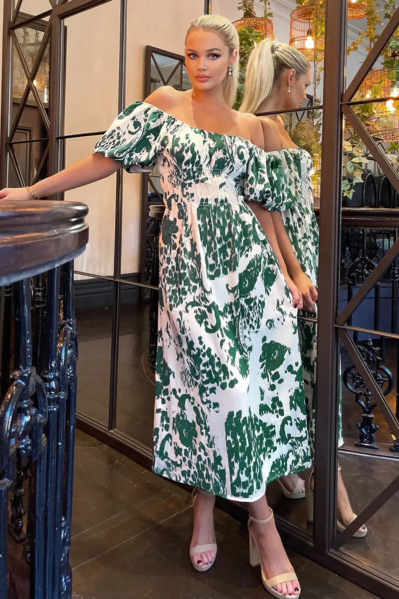 Cream and Green Printed Elasticated Waist Bardot Midi Dress 2 Cream and Green Printed Elasticated Waist Bardot Midi Dress