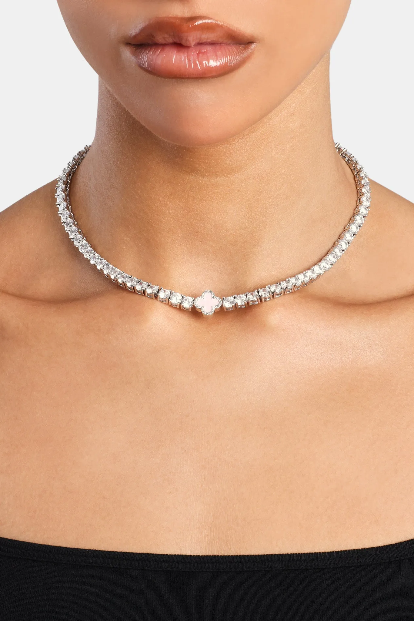 Iced Pink Motif Charm Tennis Chain - White 5mm 2 Iced Pink Motif Charm Tennis Chain - White 5mm