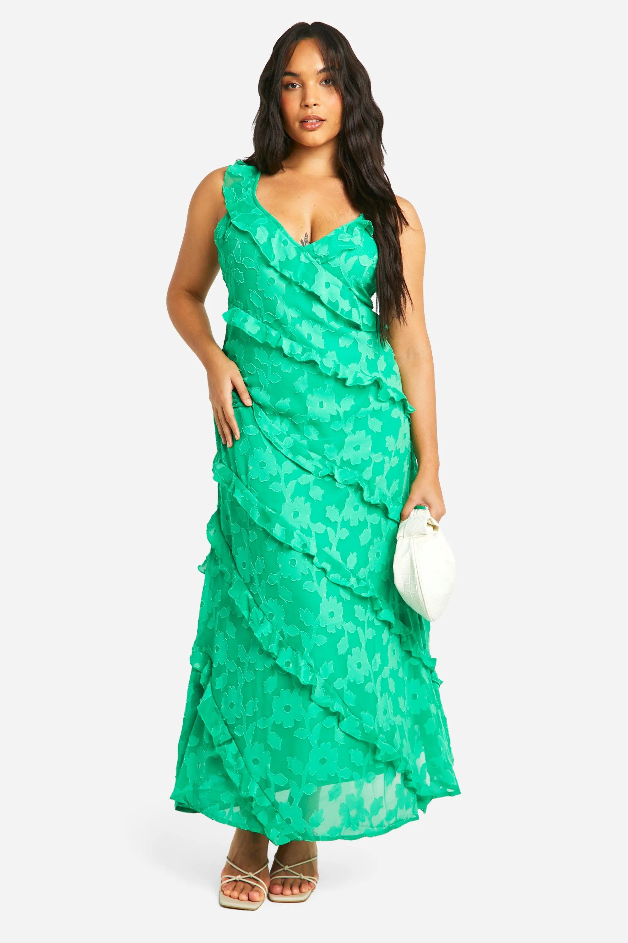 Plus Jacquard Ruffle Strappy Maxi Dress