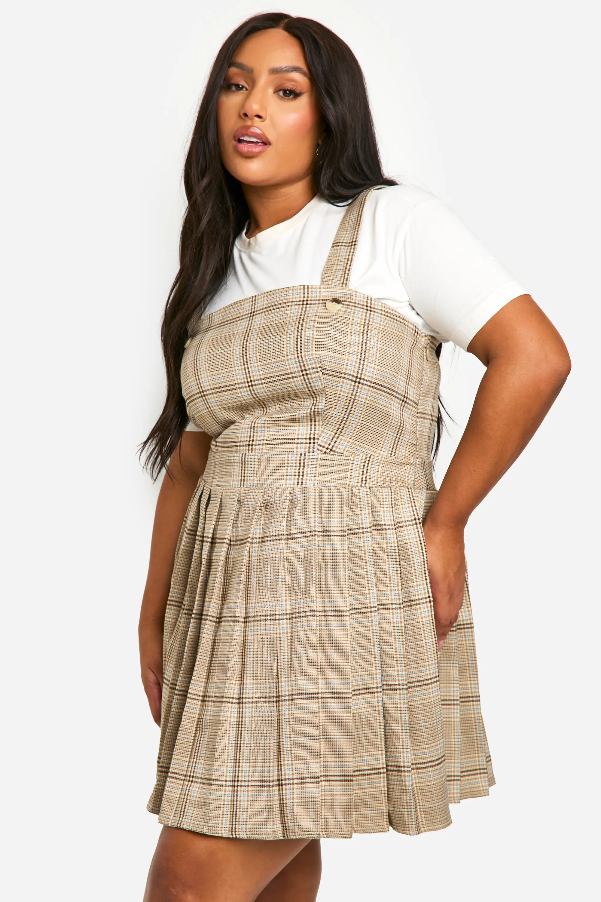 Plus Checked Pleated Pinafore Dress