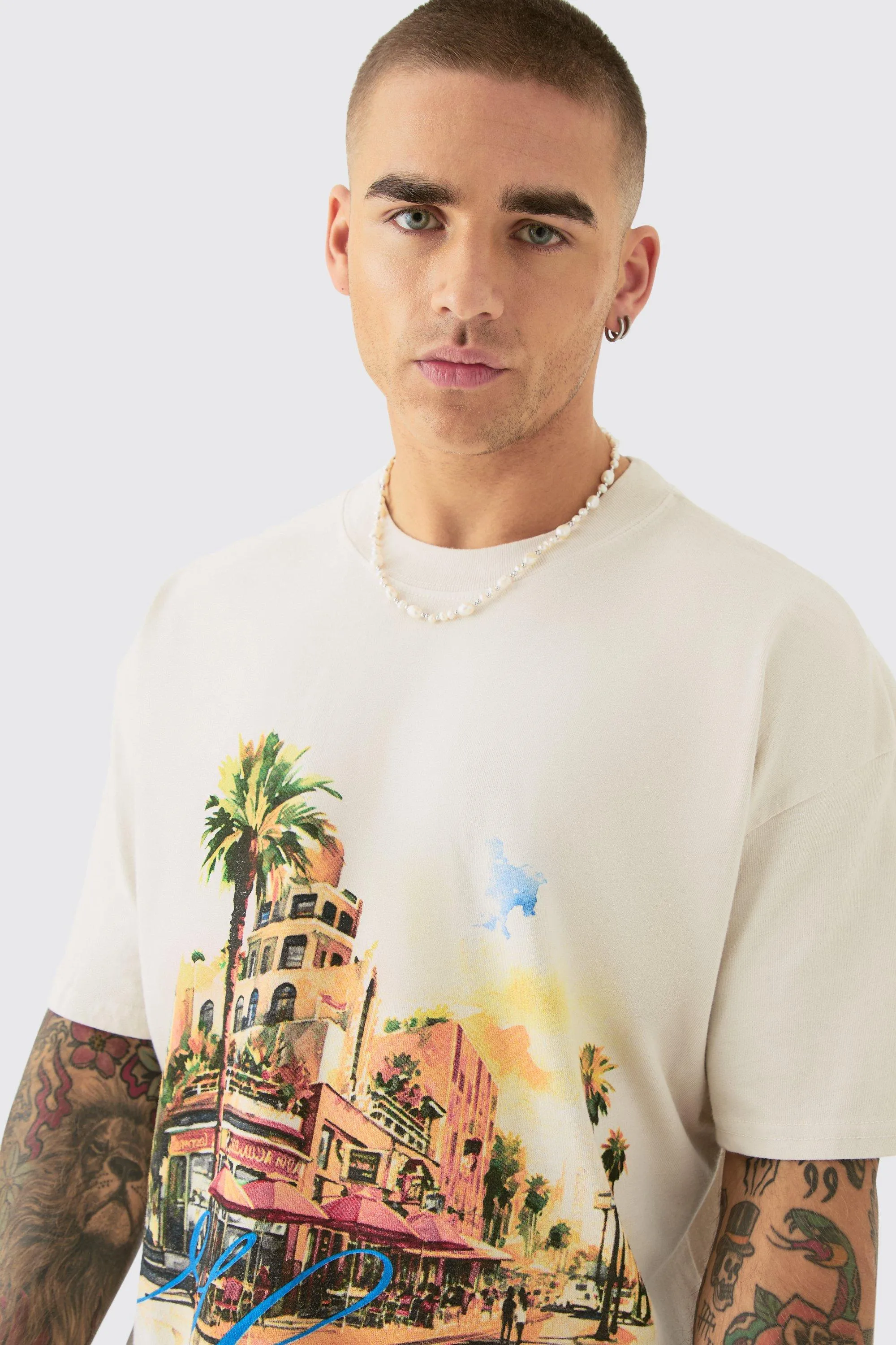 Oversized Boxy Homme Landscape Print Wash T-shirt 3 Oversized Boxy Homme Landscape Print Wash T-shirt