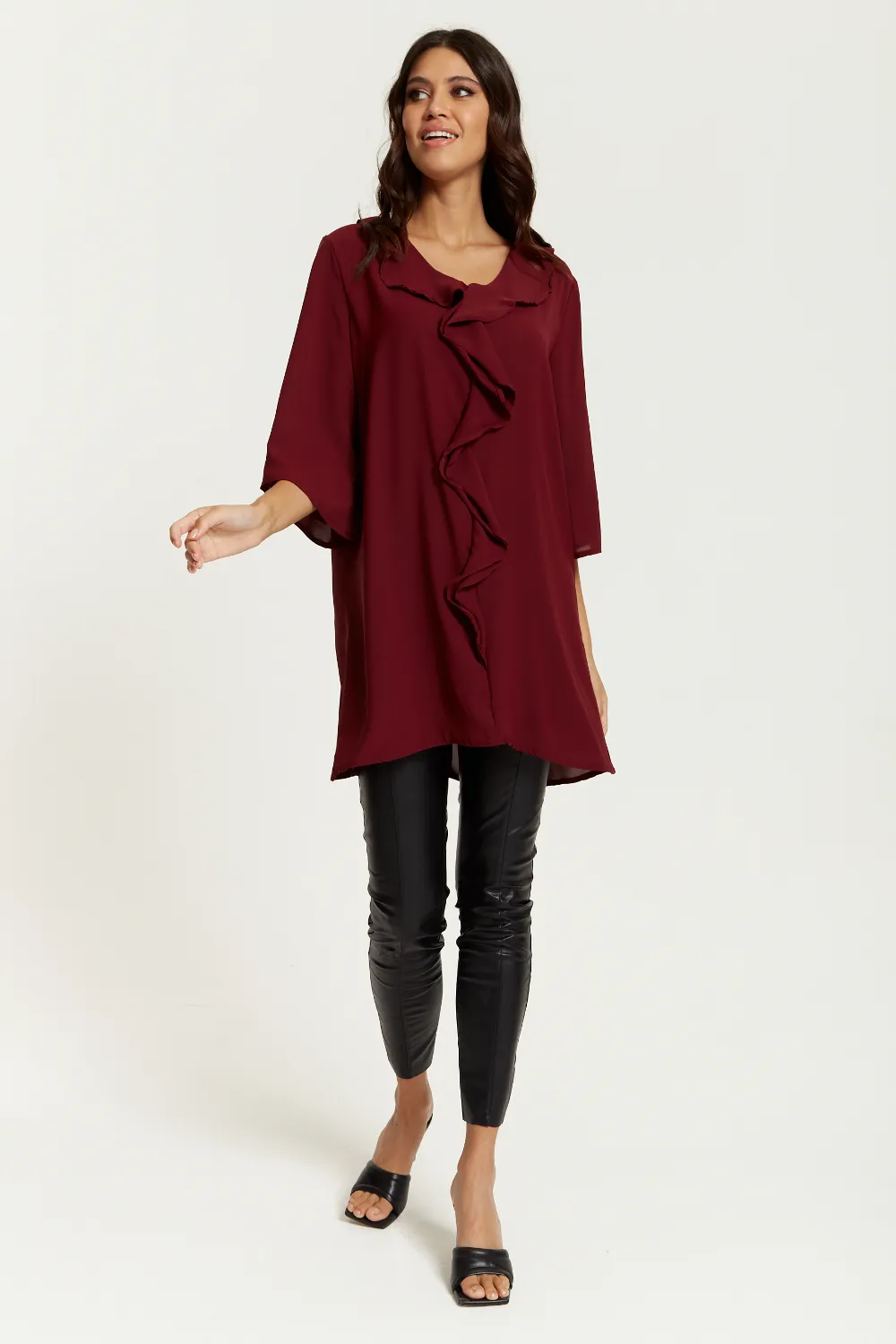 Oversized 3/4 Sleeves Ruffle Detailed Tunic