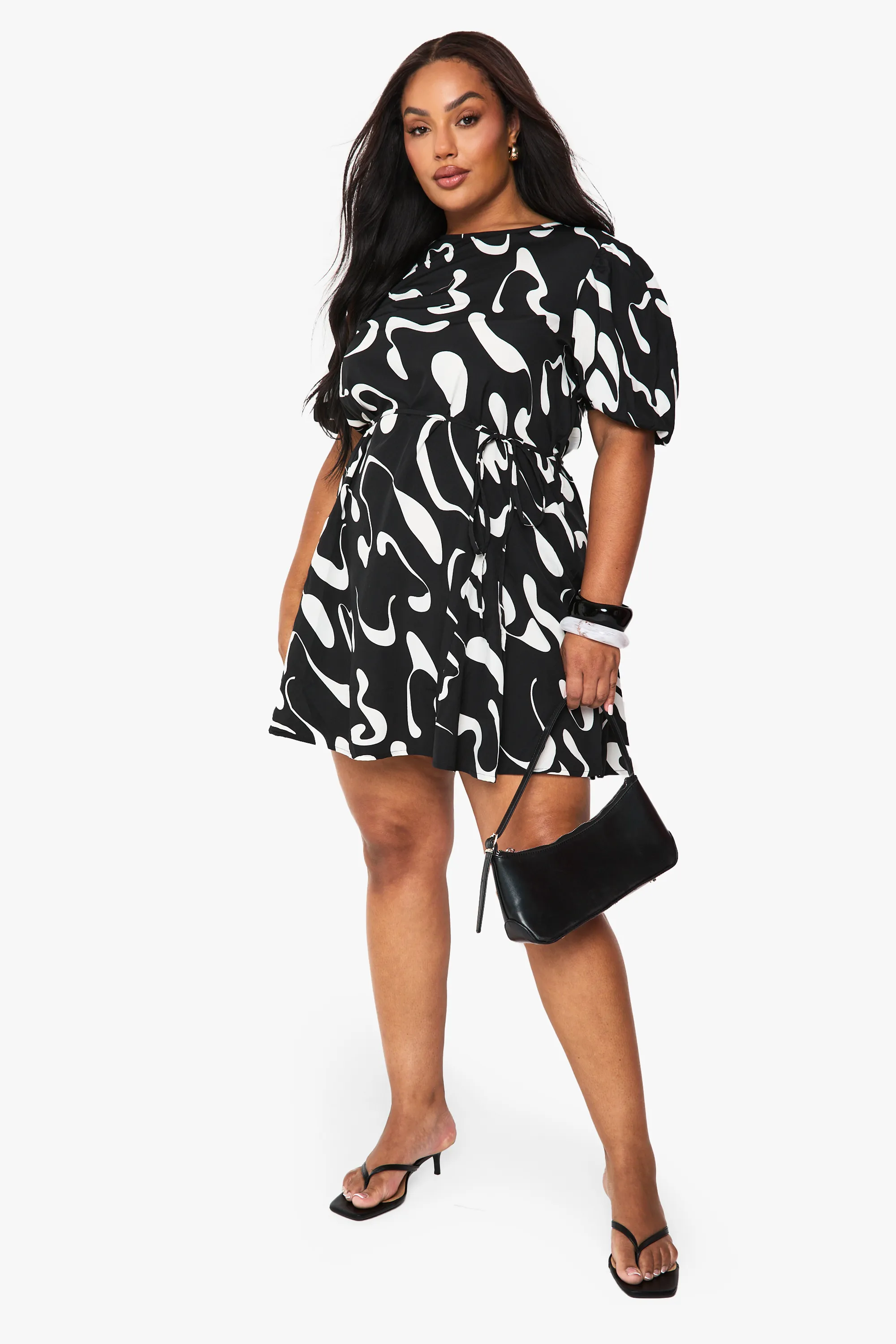 Plus Abstract Puff Sleeve Skater Dress