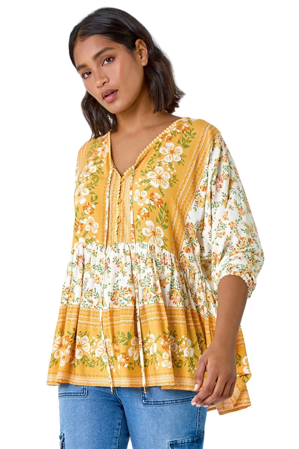 Floral Border Print V-Neck Overshirt 1 Floral Border Print V-Neck Overshirt