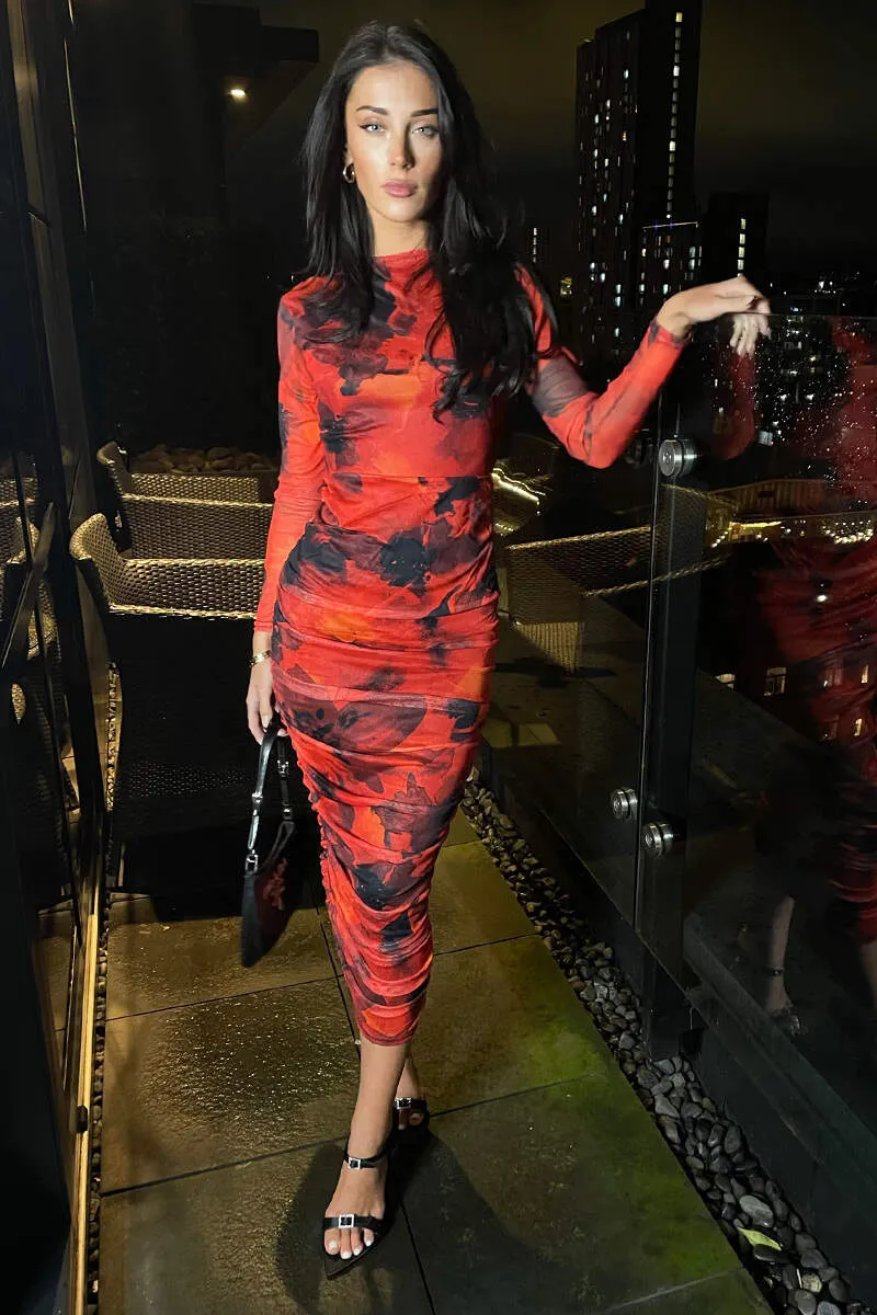Red Printed Mesh Long Sleeve Bodycon Midi Dress 2 Red Printed Mesh Long Sleeve Bodycon Midi Dress