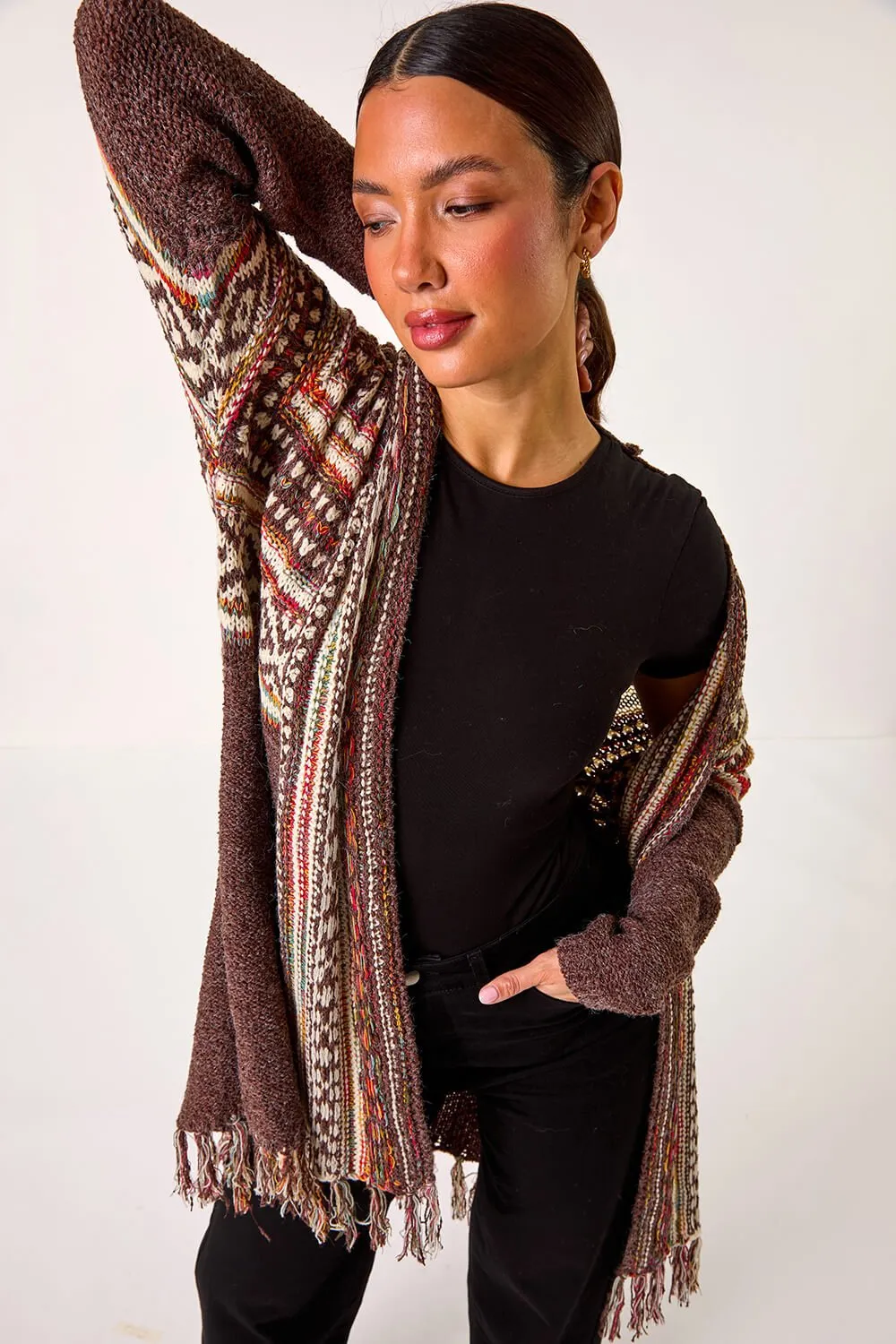 Patterned Fringe Hem Cardigan 3 Patterned Fringe Hem Cardigan