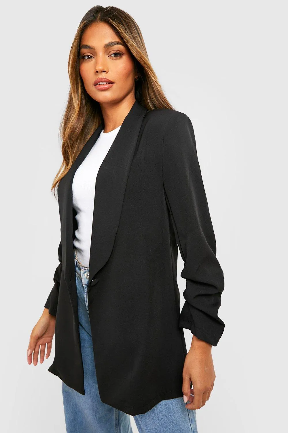 Basic Woven Ruched Sleeve Plunge Lapel Blazer