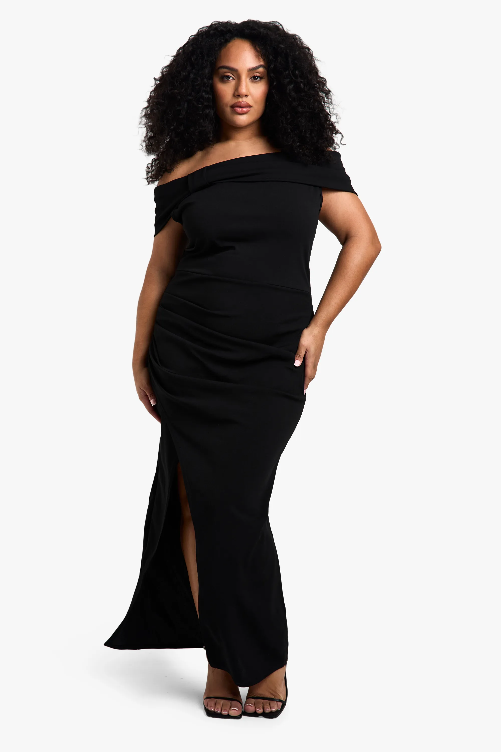 plus bow bardot ruched wrap maxi dress