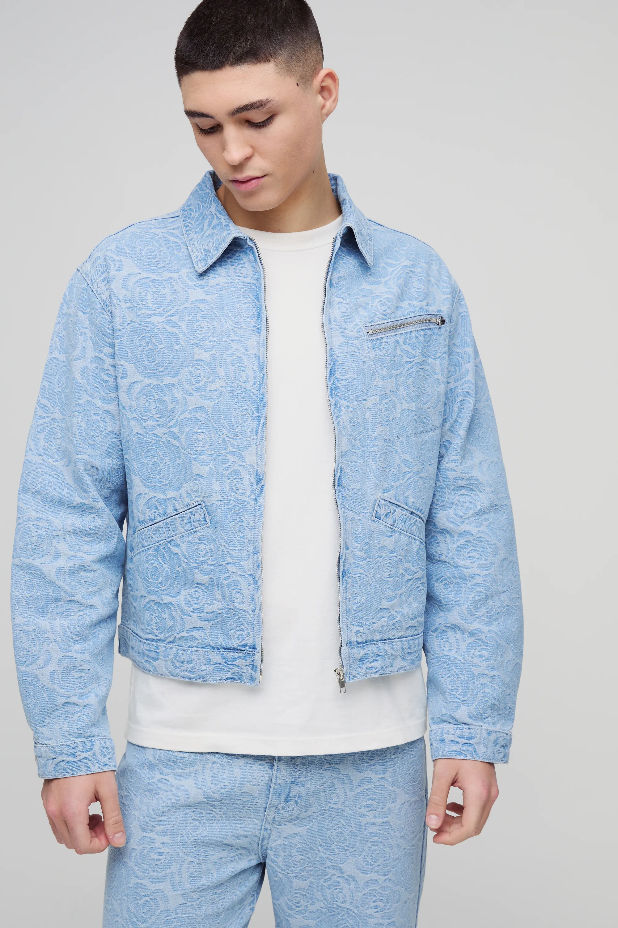 Relaxed Boxy Denim Floral Jacquard Jacket