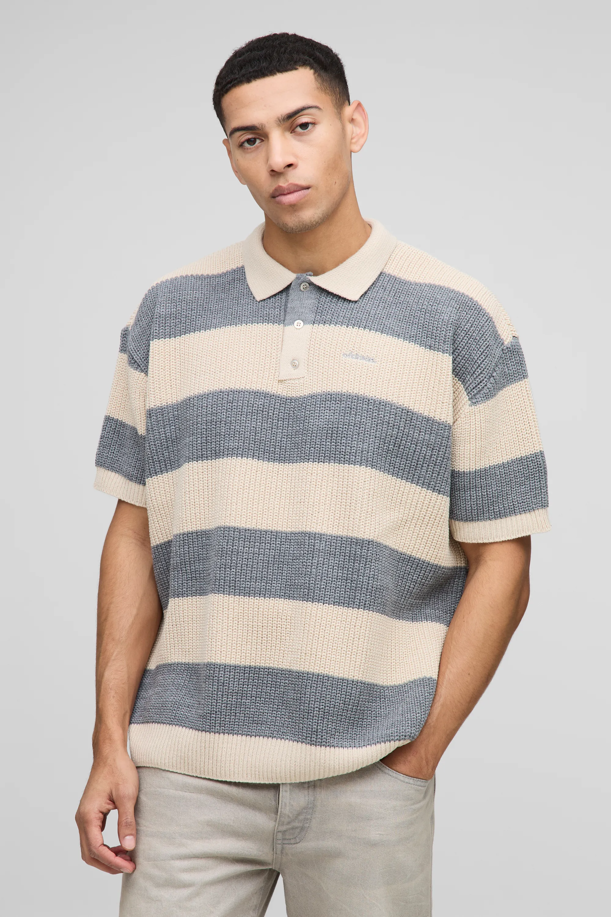 Oversized Embroidered Striped Short Sleeve Knitted Polo