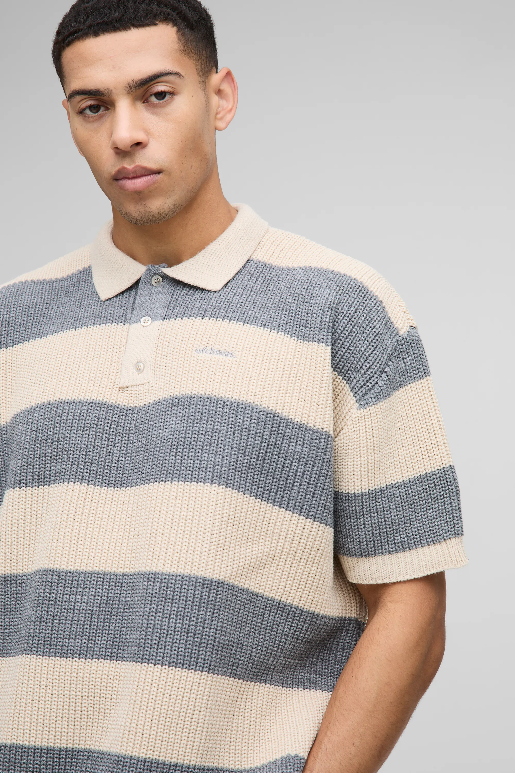 Oversized Embroidered Striped Short Sleeve Knitted Polo 3 Oversized Embroidered Striped Short Sleeve Knitted Polo