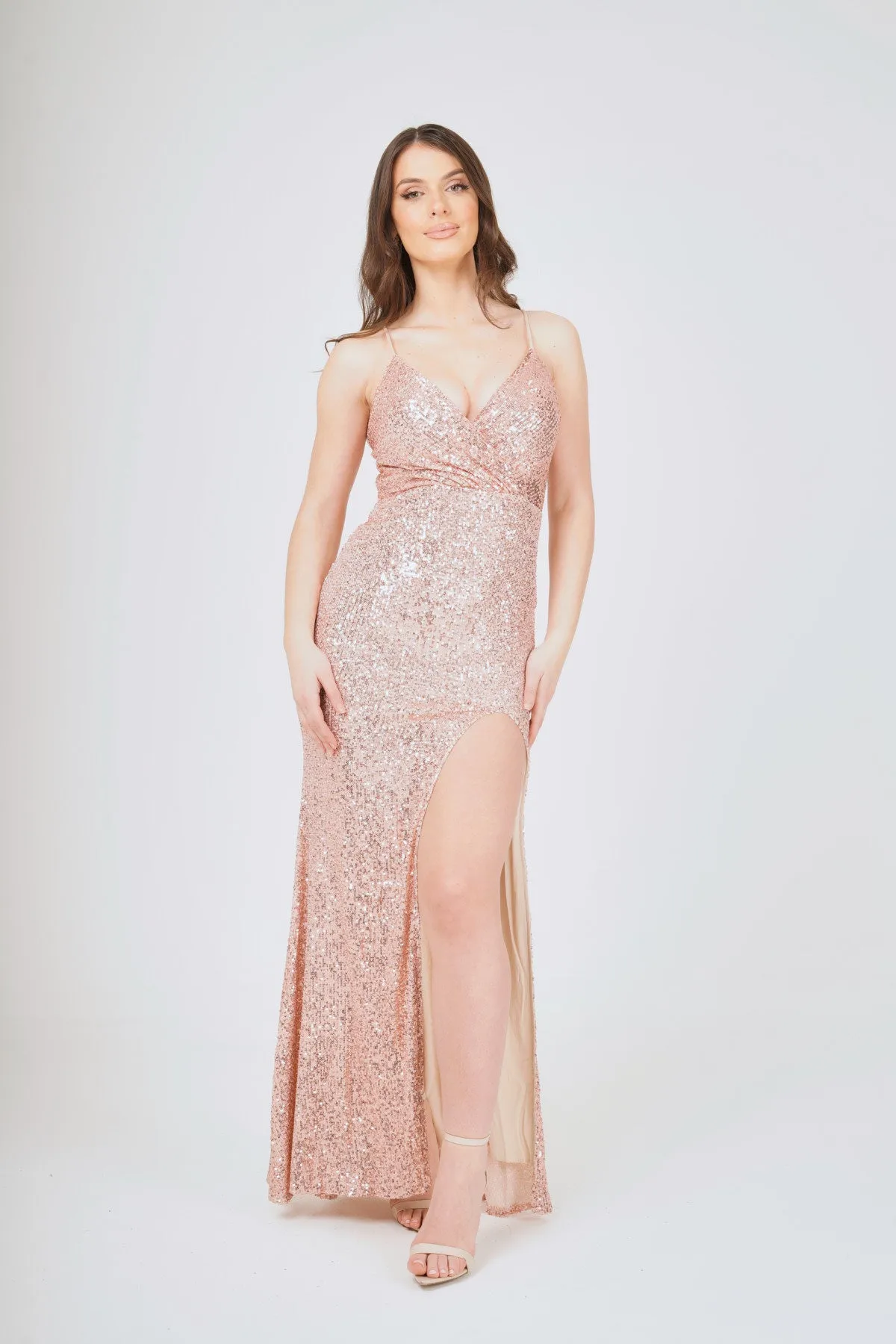 Champagne Side-Split Sequin Maxi Dress
