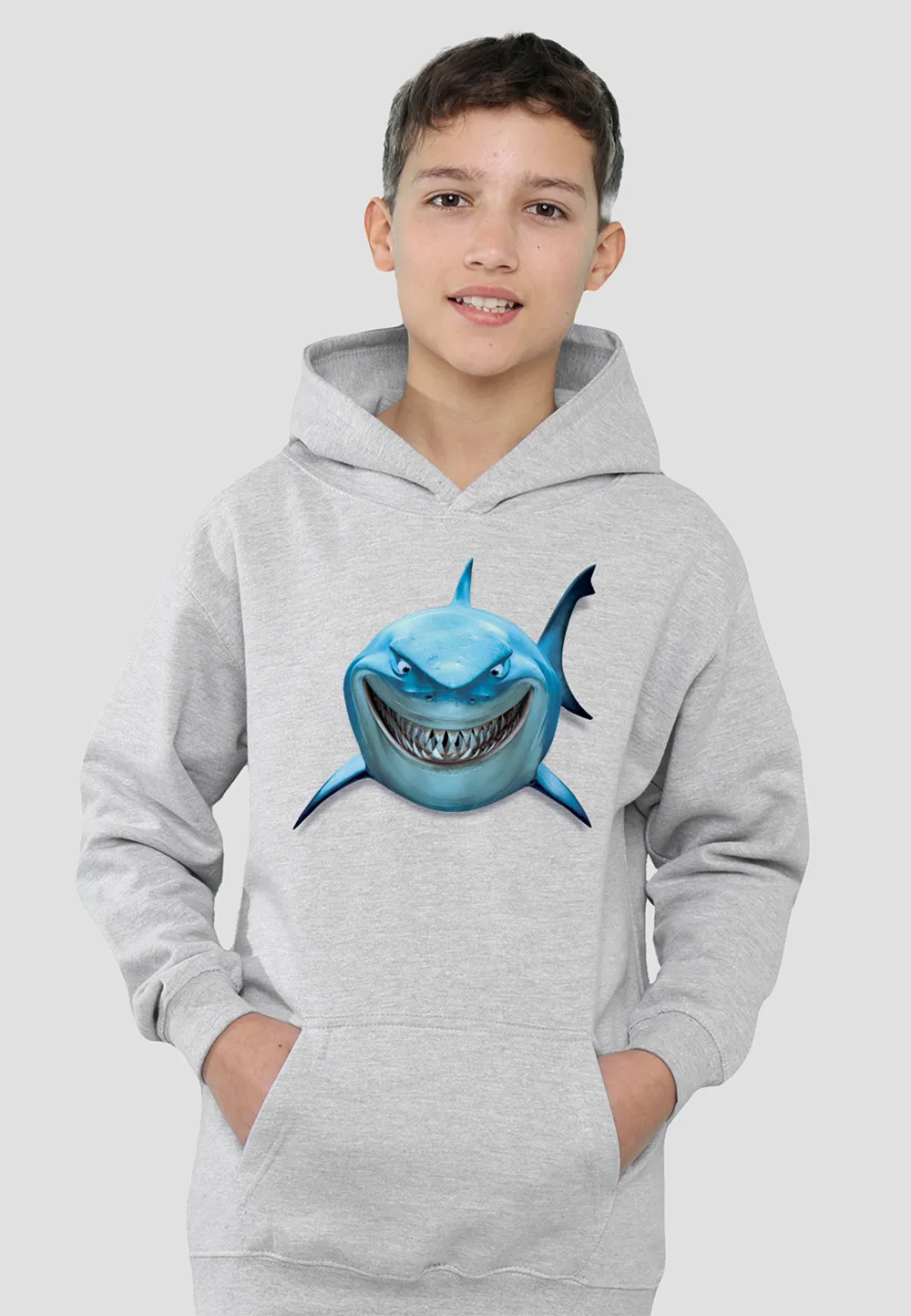 Finding Nemo Bruce Shark Smile Youth Kids Pull-Over Hoodie, Athletic Heather 1 Finding Nemo Bruce Shark Smile Youth Kids Pull-Over Hoodie, Athletic Heather