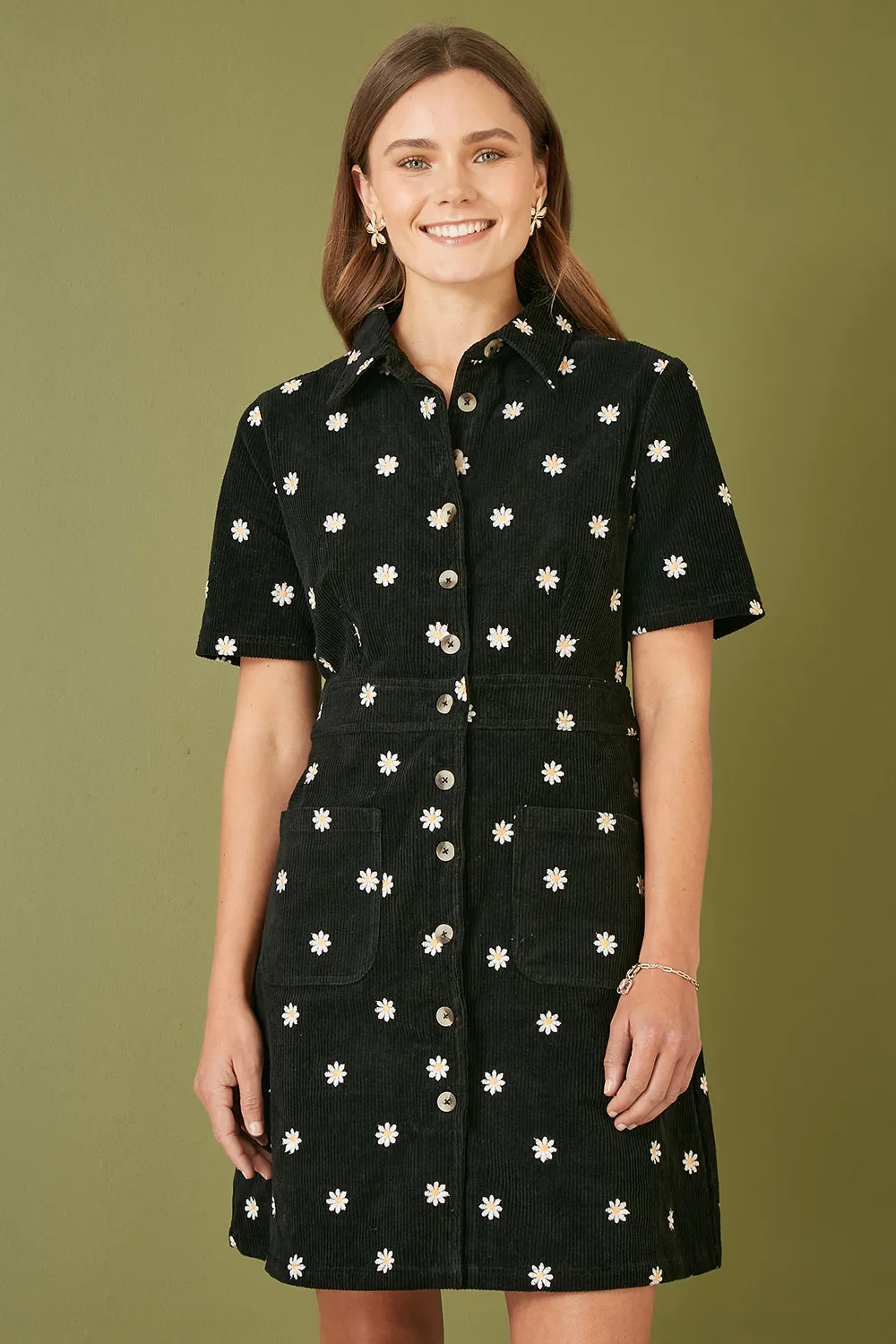 Black Daisy Embroidered Cord Shirt Dress