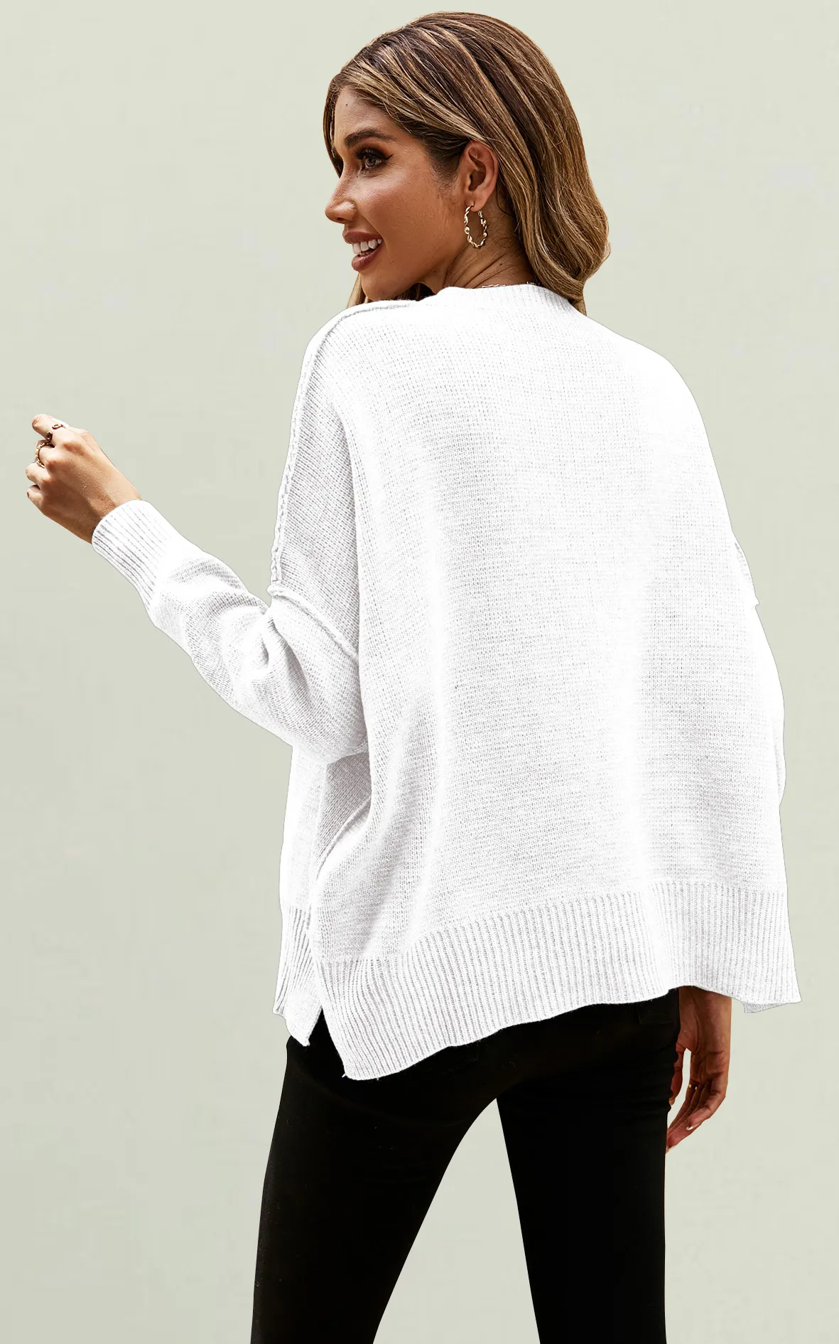 Side Slit Relaxed Knit Jumper Top In White 4 Side Slit Relaxed Knit Jumper Top In White