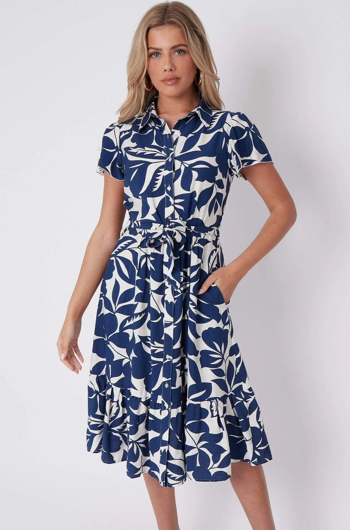 Navy Leaf Printed Frilled Hem Midi Dress 1 Navy Leaf Printed Frilled Hem Midi Dress