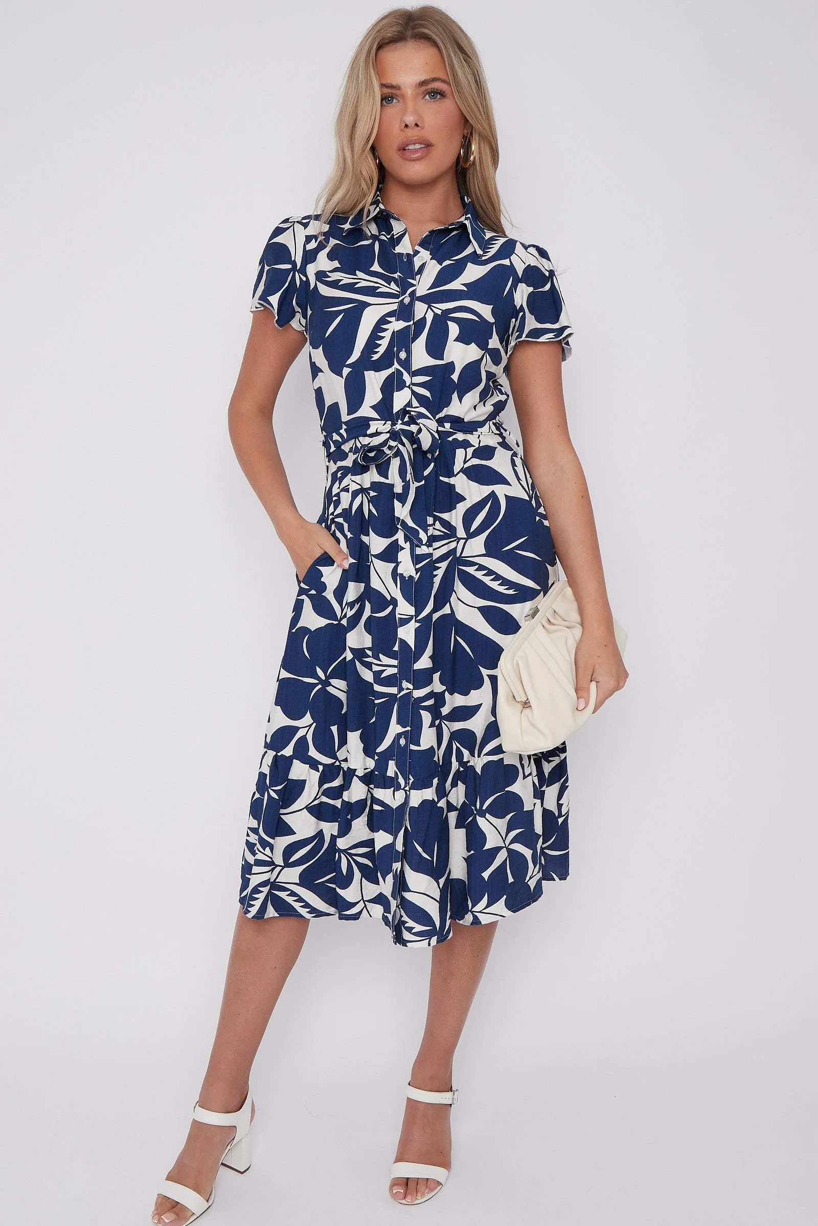 Navy Leaf Printed Frilled Hem Midi Dress 2 Navy Leaf Printed Frilled Hem Midi Dress