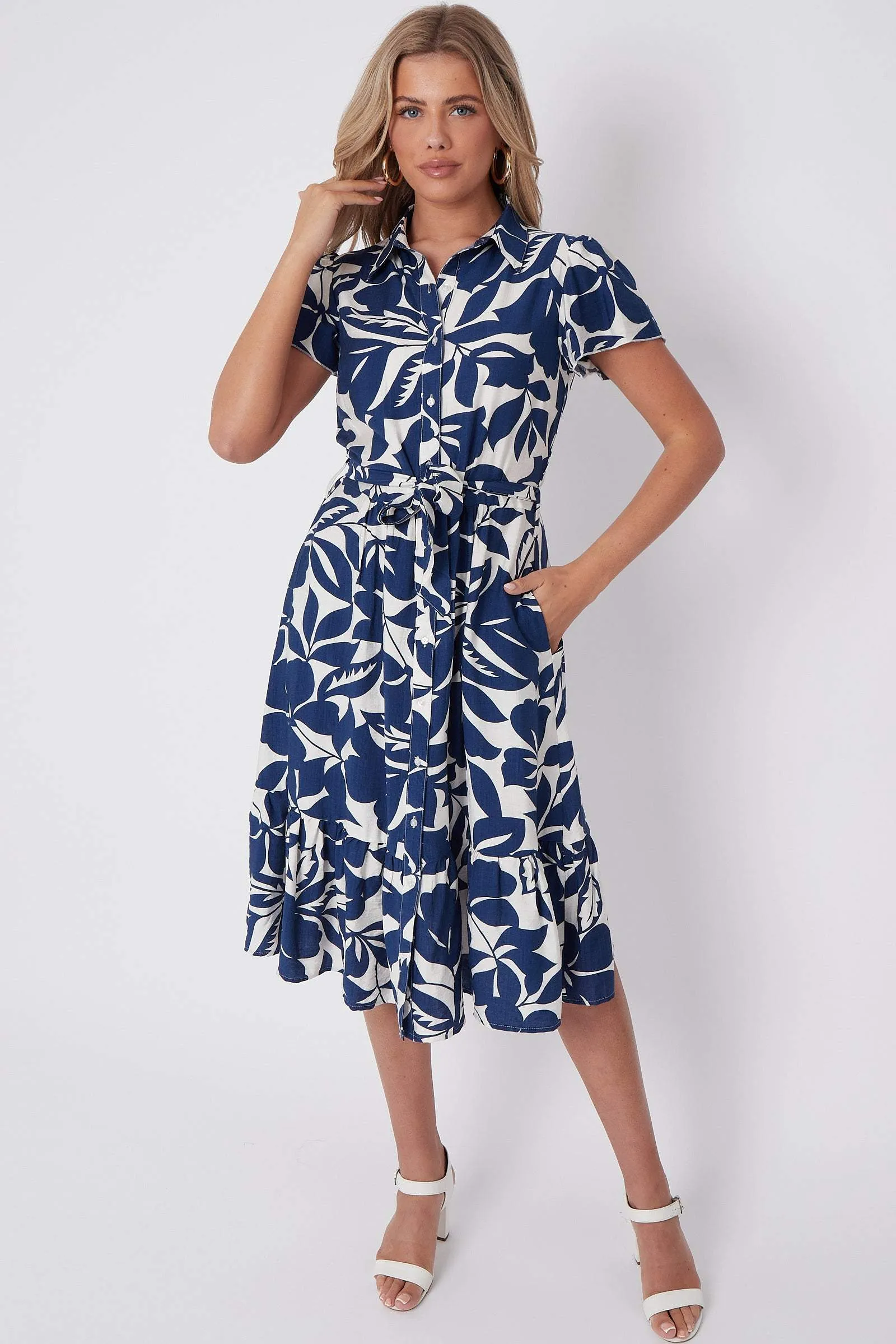 Navy Leaf Printed Frilled Hem Midi Dress 3 Navy Leaf Printed Frilled Hem Midi Dress
