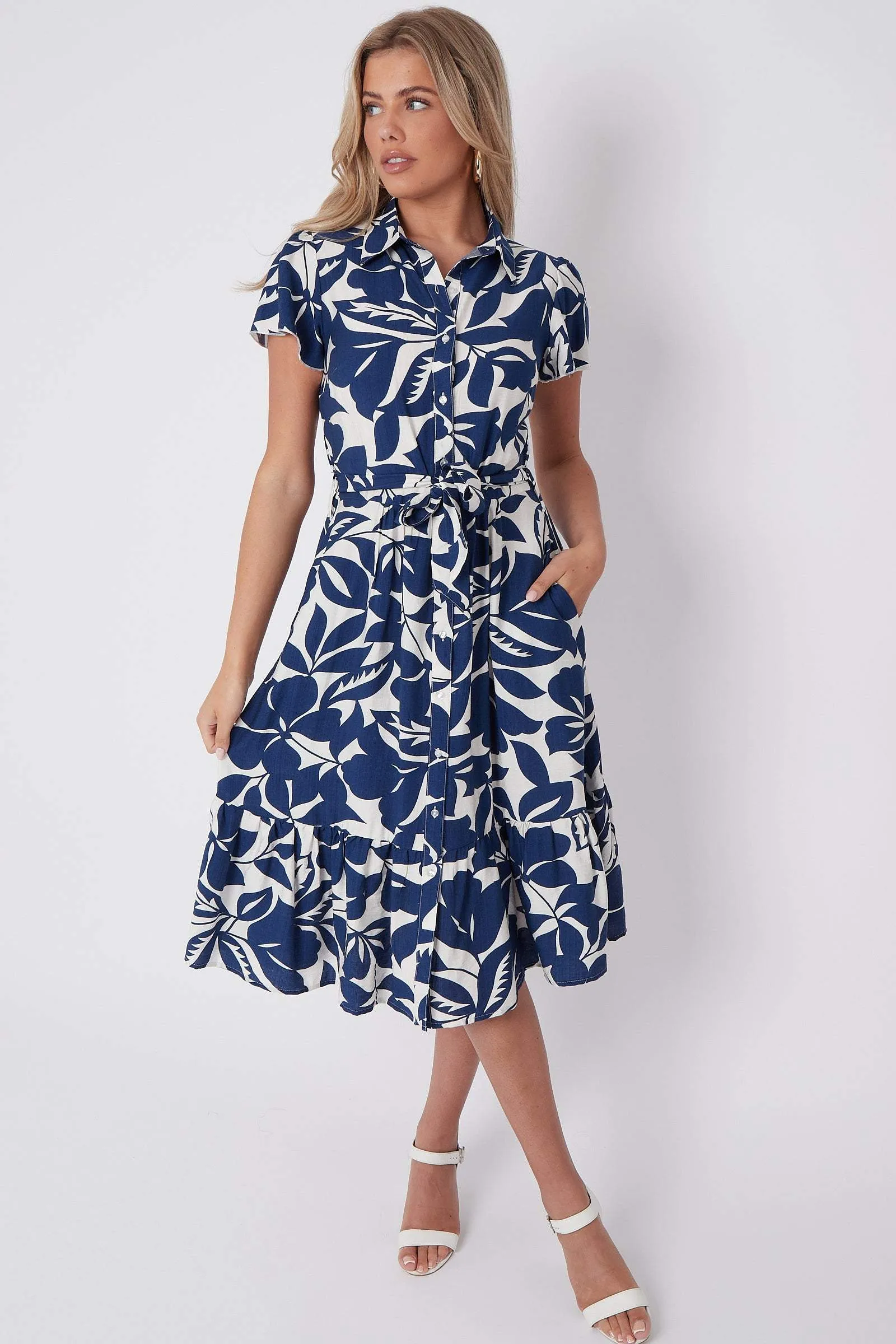 Navy Leaf Printed Frilled Hem Midi Dress 4 Navy Leaf Printed Frilled Hem Midi Dress