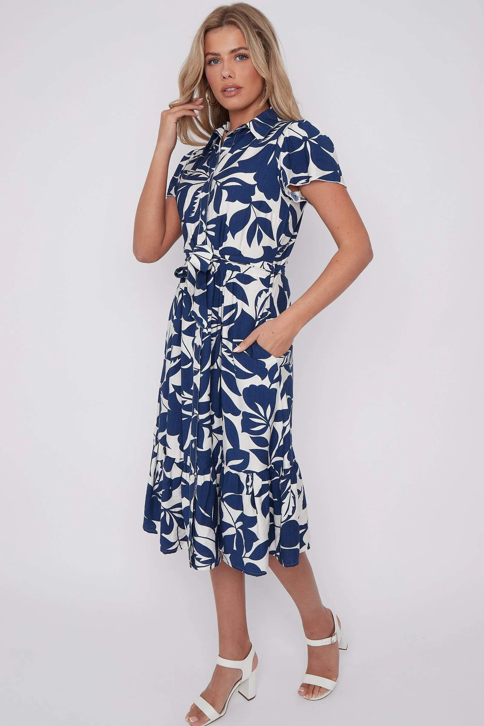 Navy Leaf Printed Frilled Hem Midi Dress 5 Navy Leaf Printed Frilled Hem Midi Dress