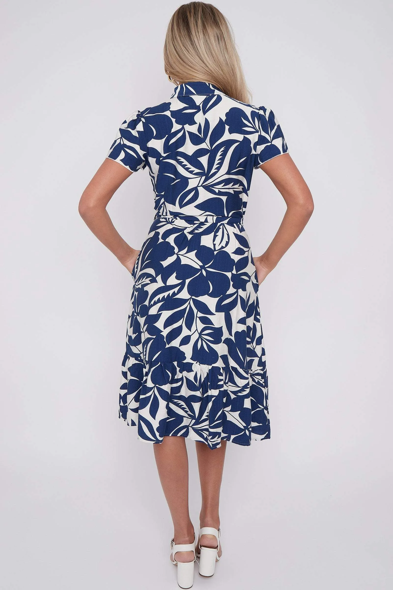 Navy Leaf Printed Frilled Hem Midi Dress 6 Navy Leaf Printed Frilled Hem Midi Dress