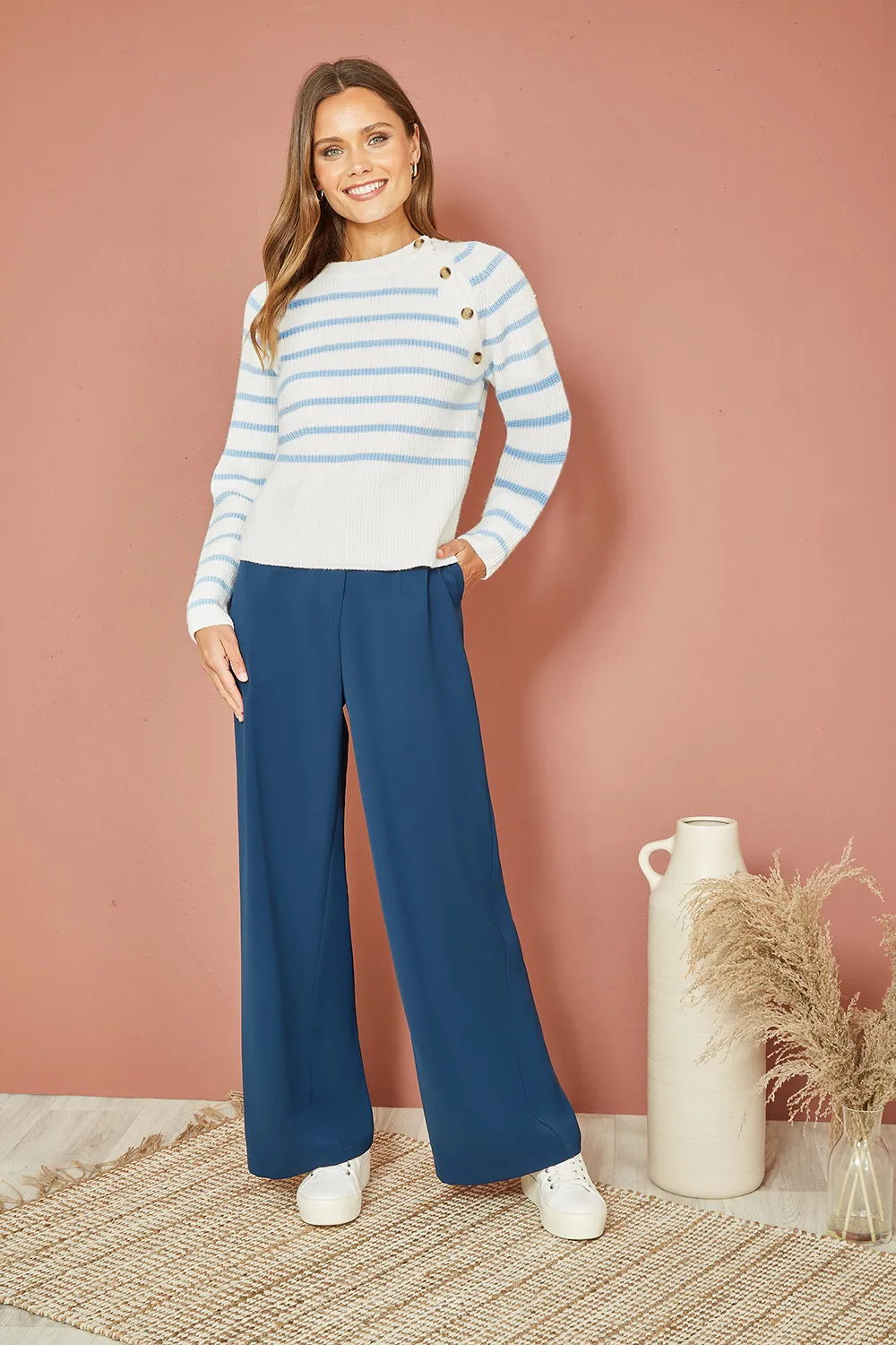 Blue And White Stripe Jumper With Button Detail 3 Blue And White Stripe Jumper With Button Detail