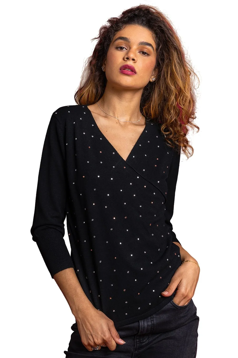 Sparkle Embellished V-Neck Wrap Jumper 1 Sparkle Embellished V-Neck Wrap Jumper