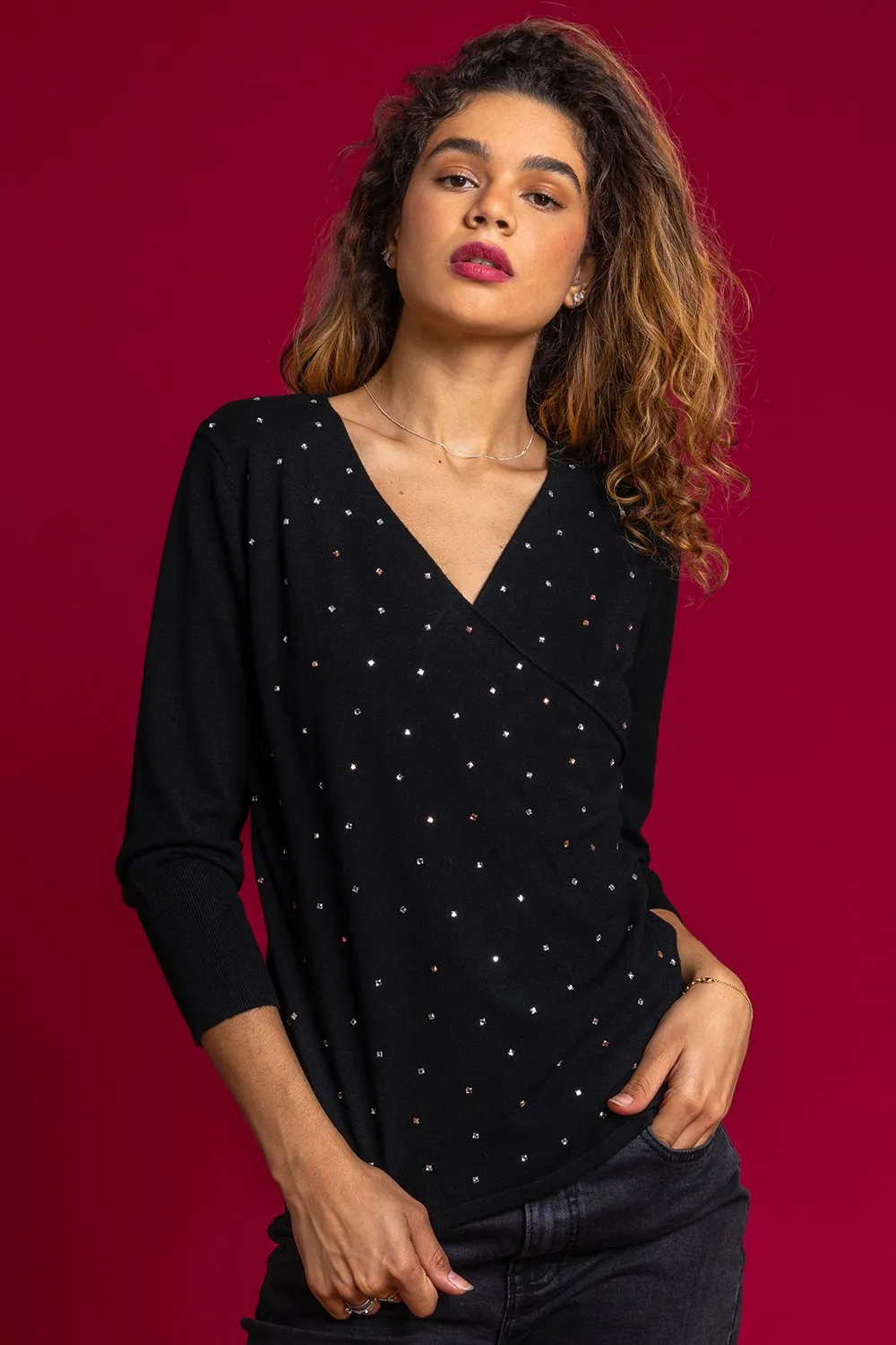 Sparkle Embellished V-Neck Wrap Jumper 2 Sparkle Embellished V-Neck Wrap Jumper