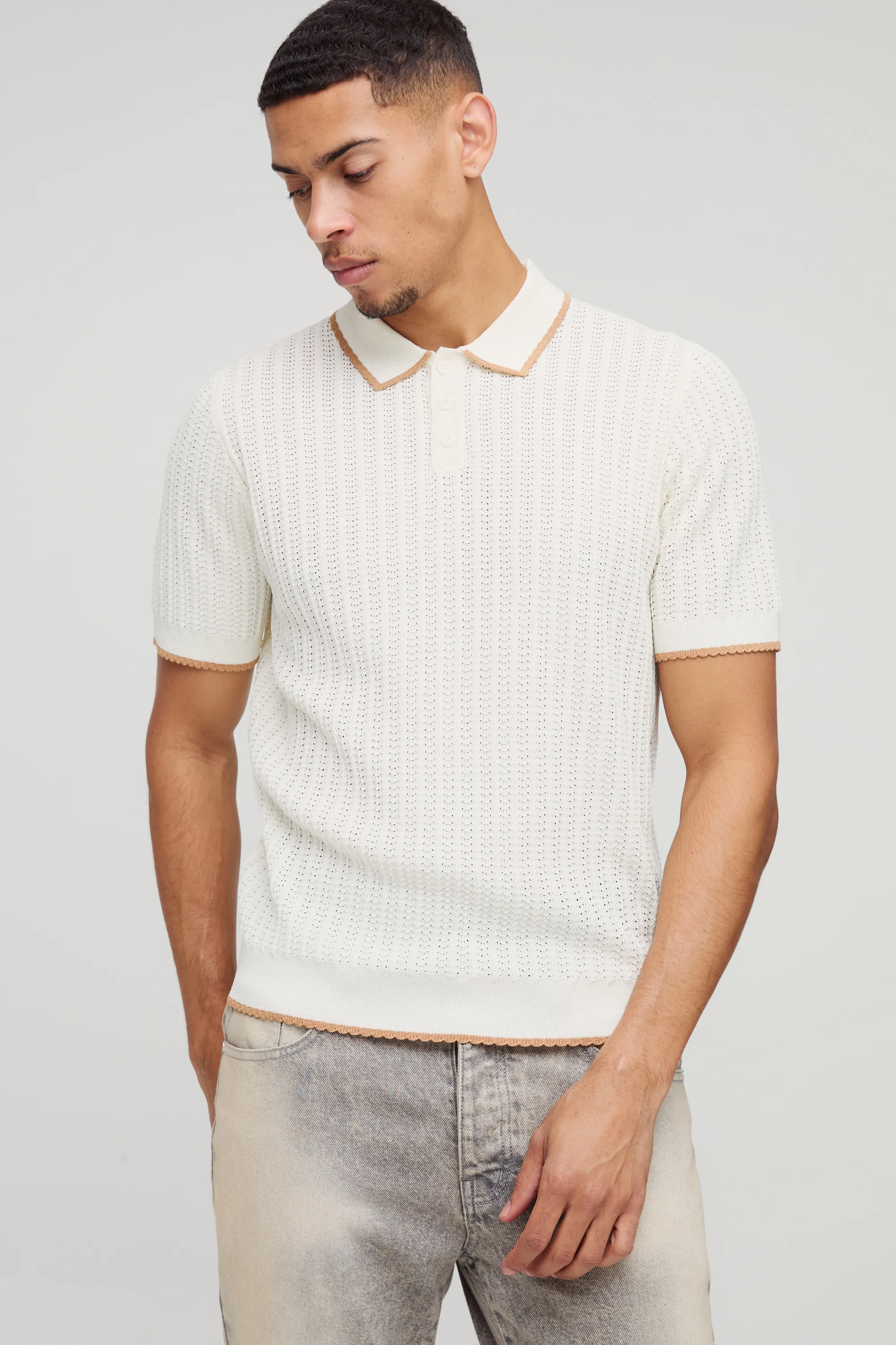 Boxy Open Stitch Contrast Trim Short Sleeve Knitted Polo