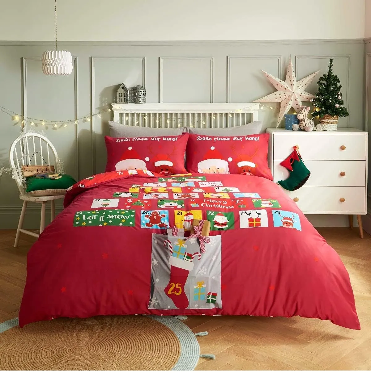 Red Advent Calendar Reversible Polycotton Duvet Cover and Pillowcase Set